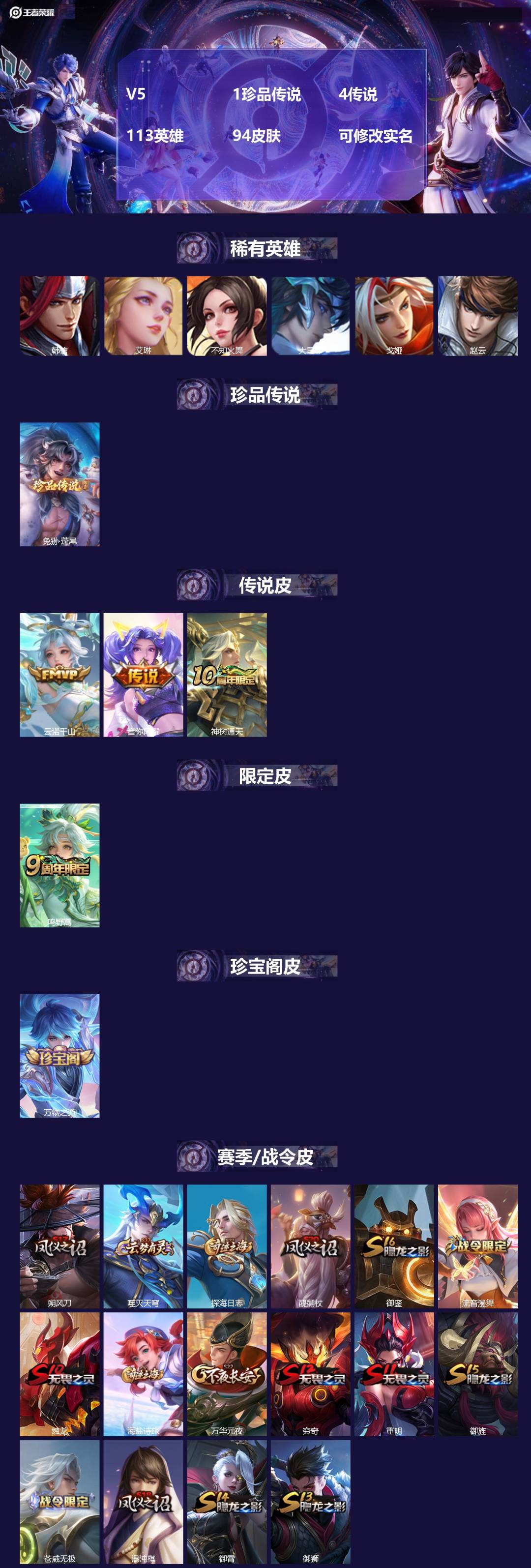 王者荣耀账号安卓QQ113英雄-94皮肤-V5 1珍品传说 4传说 113英雄 94皮肤 可修改实名 
【稀有英雄】:大