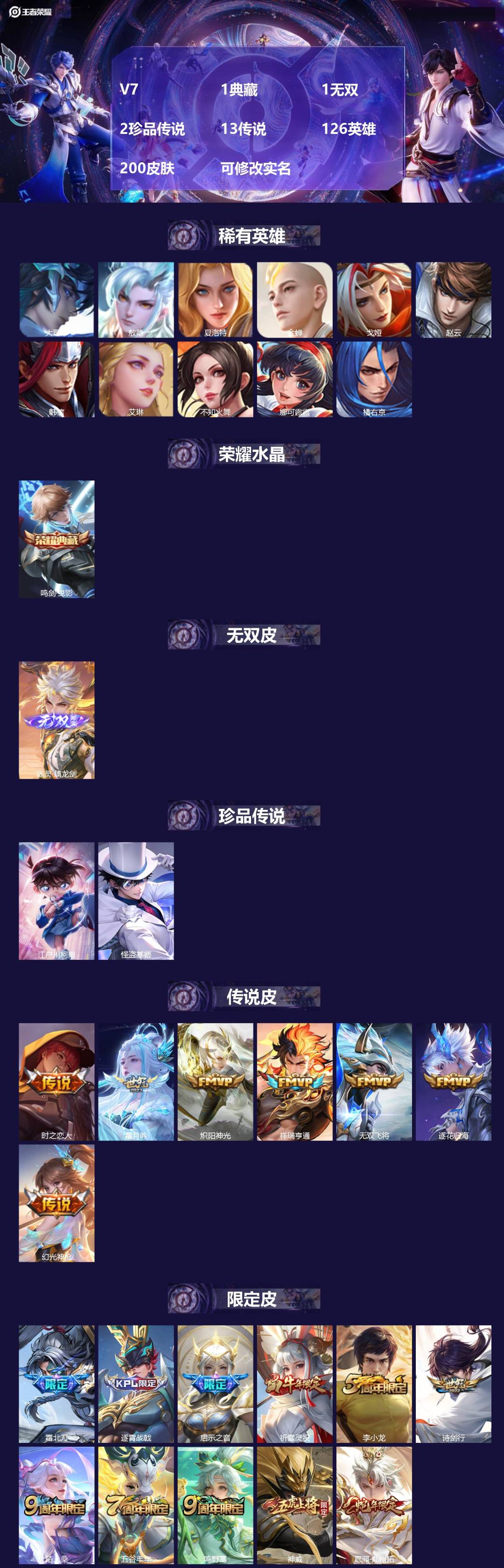 王者荣耀账号苹果QQ126英雄-200皮肤-V7 1典藏 1无双 2珍品传说 13传说 126英雄 200皮肤 可修改实