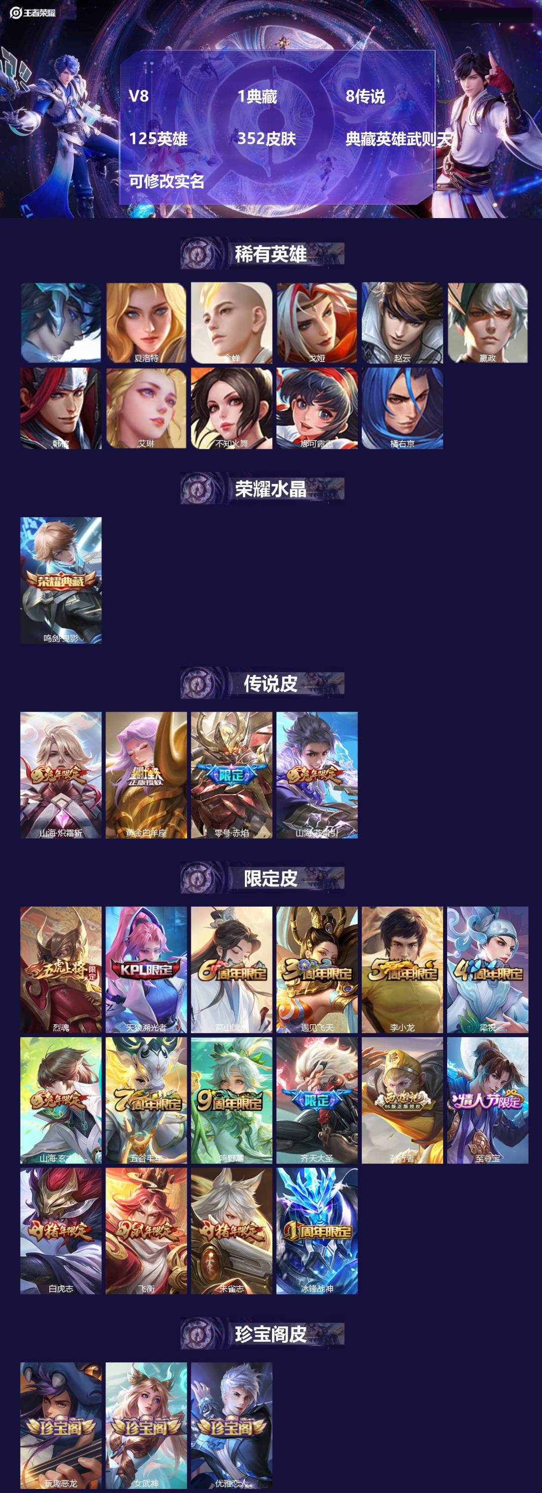 王者荣耀账号安卓QQ125英雄-352皮肤-V8 1典藏 8传说 125英雄 352皮肤 典藏英雄武则天 可修改实名 
