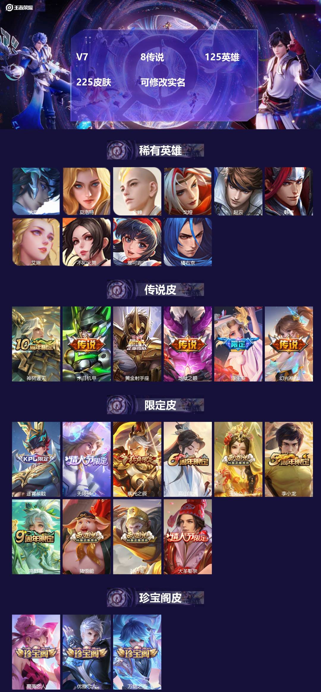 王者荣耀账号安卓QQ[13502568]V7 8传说 125英雄 225皮肤 可修改实名 
【英雄全皮】:夏洛特全皮,影