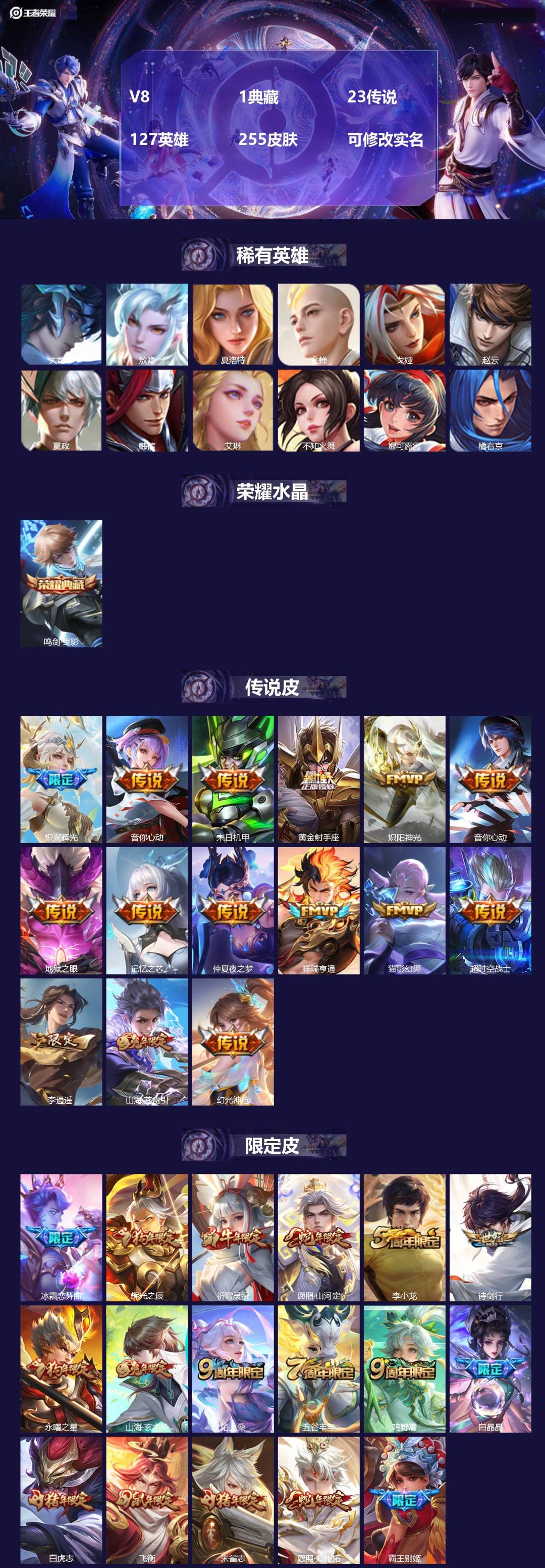 王者荣耀账号苹果QQ127英雄-255皮肤-V8 1典藏 23传说 127英雄 255皮肤 可修改实名 
【英雄全皮】: