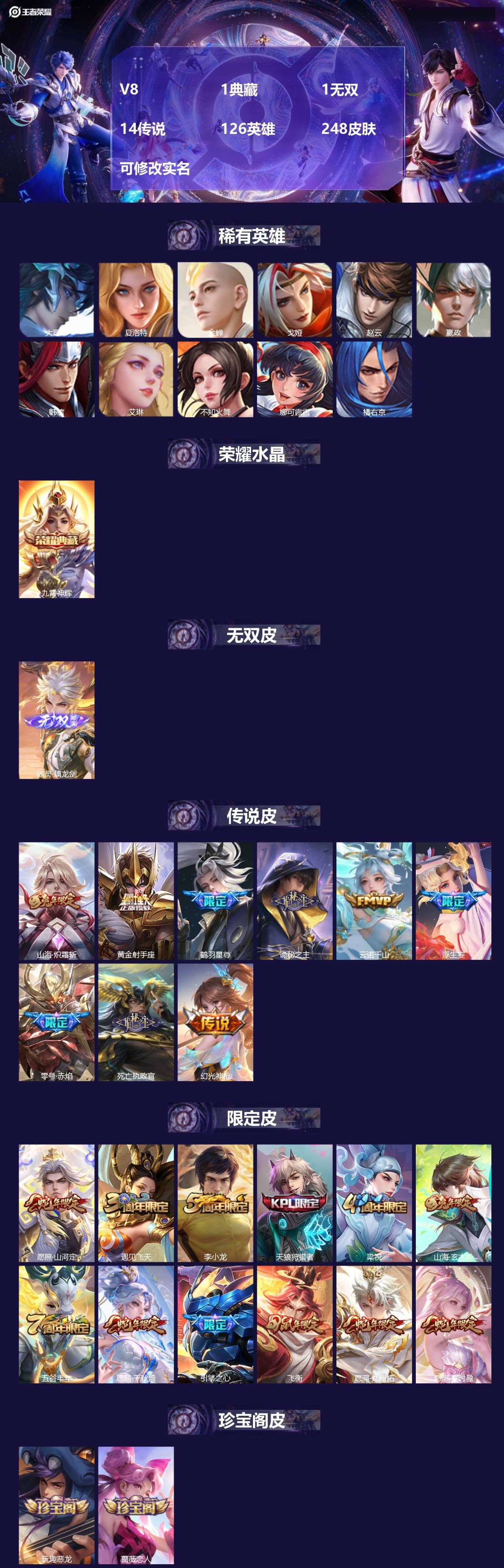 王者荣耀账号安卓QQ126英雄-248皮肤-V8 1典藏 1无双 14传说 126英雄 248皮肤 可修改实名 
【稀有