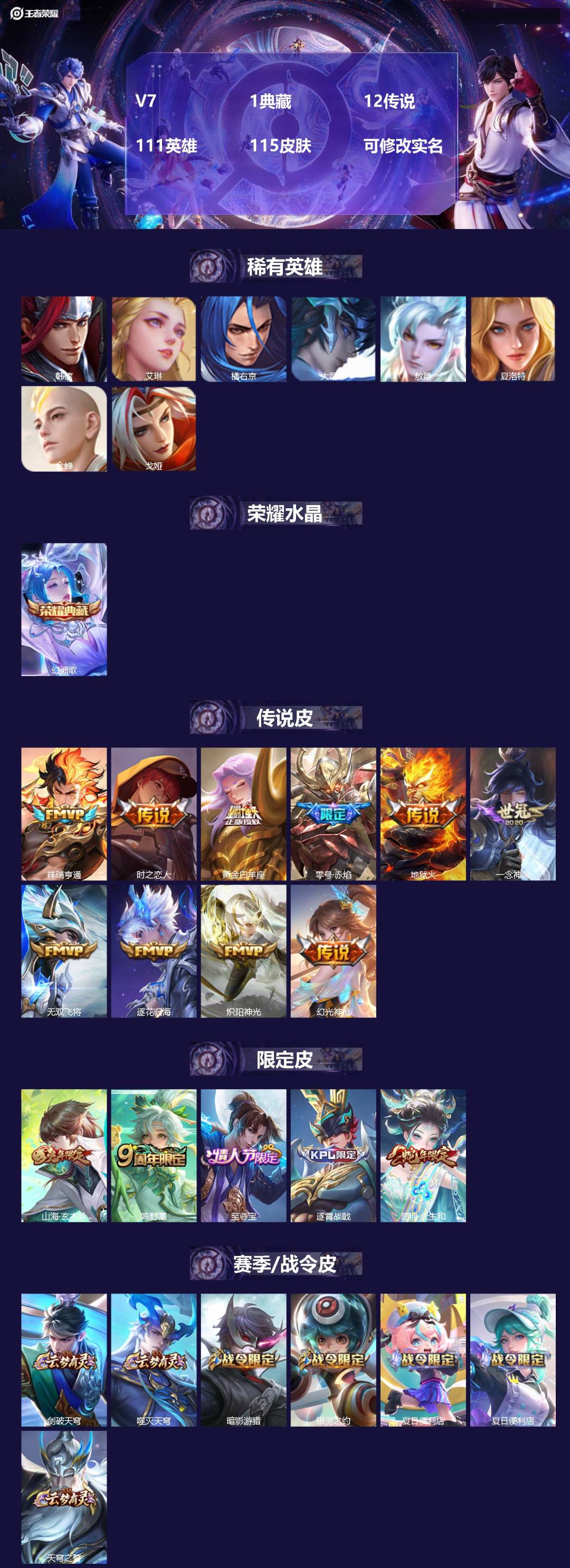 王者荣耀账号苹果QQ111英雄-115皮肤-V7 1典藏 12传说 111英雄 115皮肤 可修改实名 
【稀有英雄】: