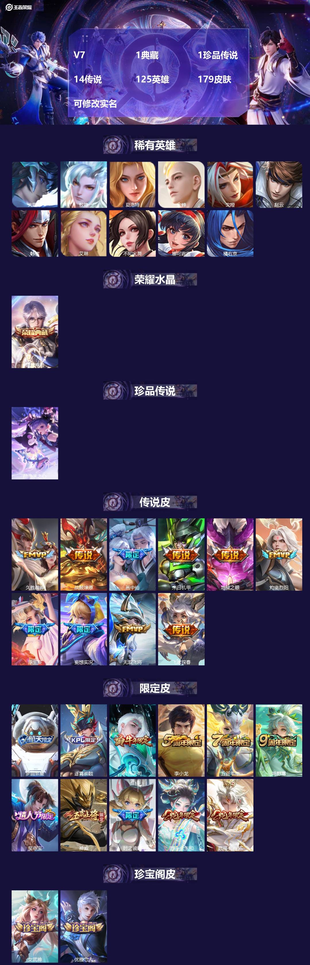 王者荣耀账号苹果QQ125英雄-179皮肤-V7 1典藏 1珍品传说 14传说 125英雄 179皮肤 可修改实名 
【