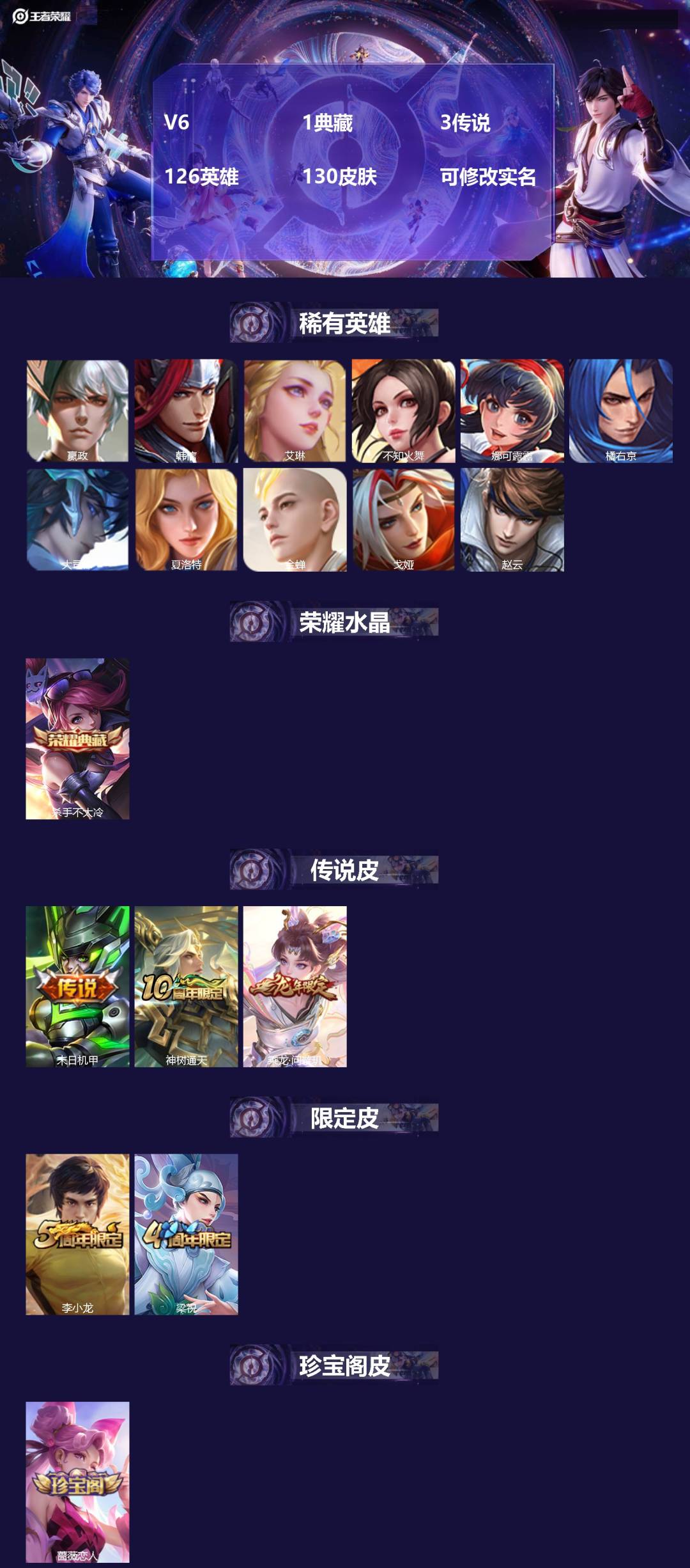 王者荣耀账号苹果QQ126英雄-130皮肤-V6 1典藏 3传说 126英雄 130皮肤 可修改实名 
【稀有英雄】:大