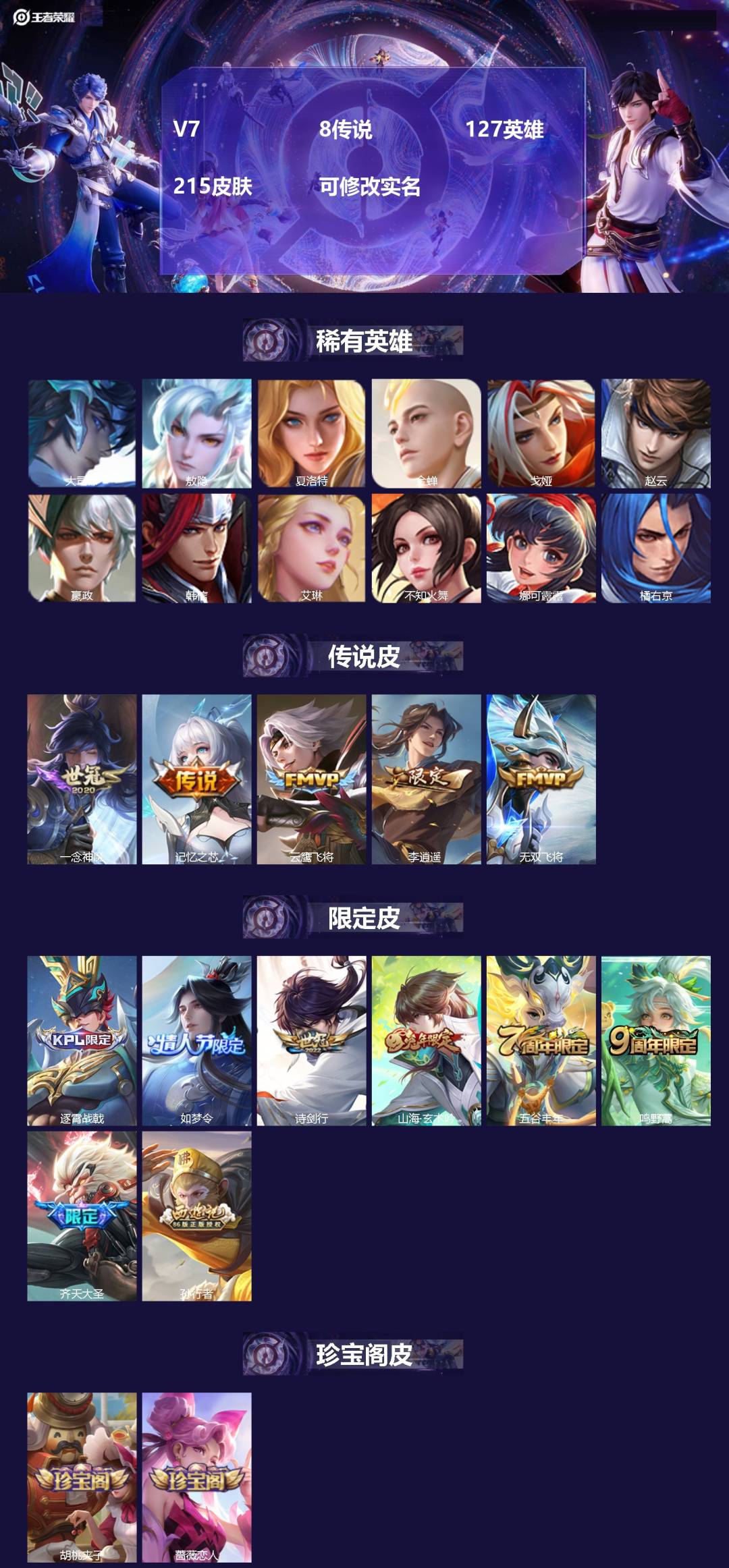 王者荣耀账号苹果QQV7 8传说 127英雄 215皮肤 可修改实名 
【稀有英雄】:敖隐(小龙人),大司命,嬴政(始皇