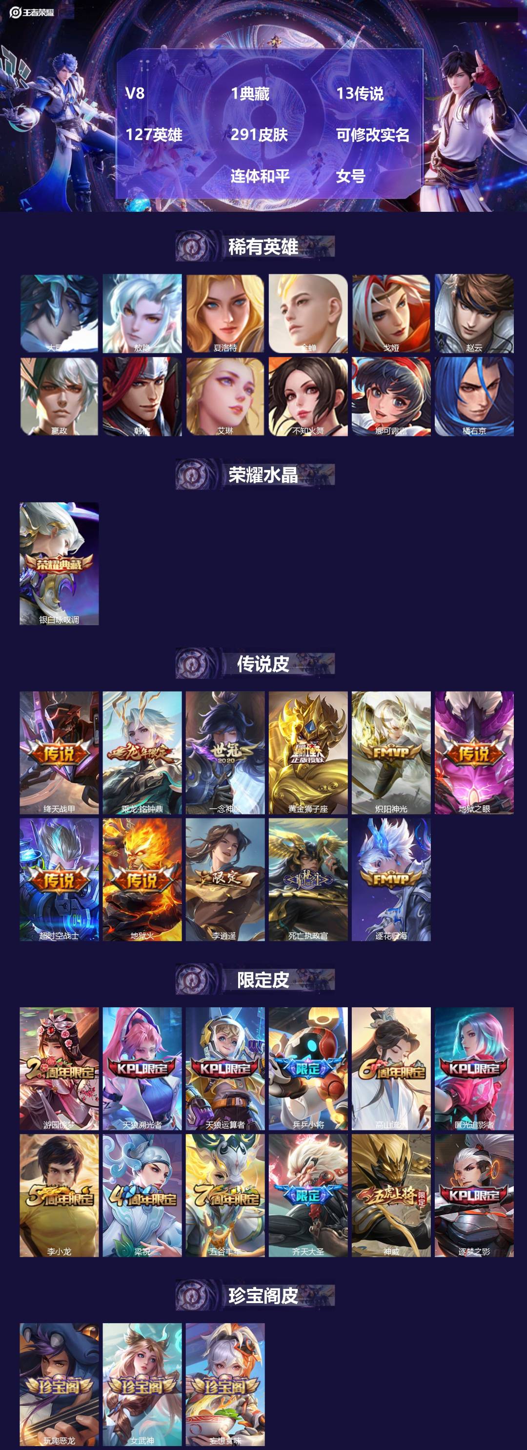 王者荣耀账号安卓QQ[13551408]V8 1典藏 13传说 127英雄 291皮肤 可修改实名  连体和平 女号
【