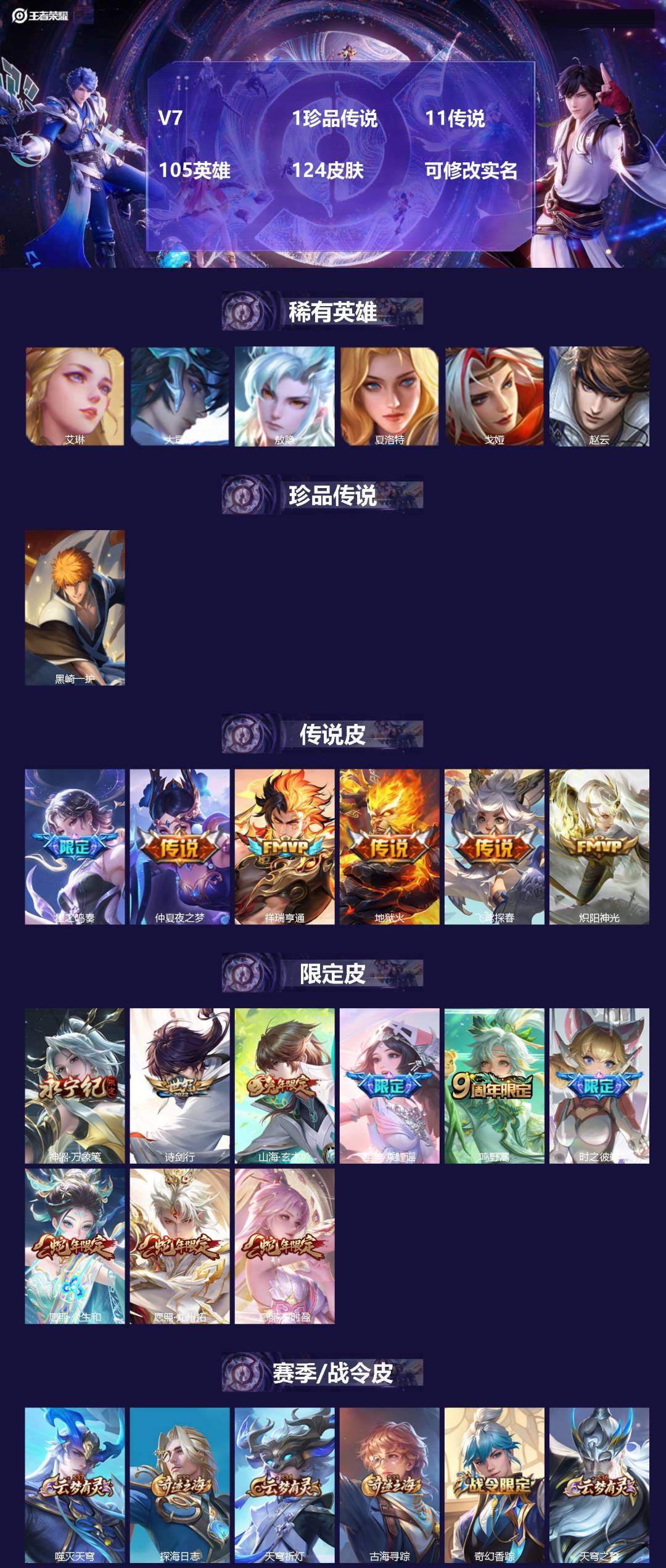 王者荣耀账号安卓QQV7 1珍品传说 11传说 105英雄 124皮肤 可修改实名 
【稀有英雄】:敖隐(小龙人),大司