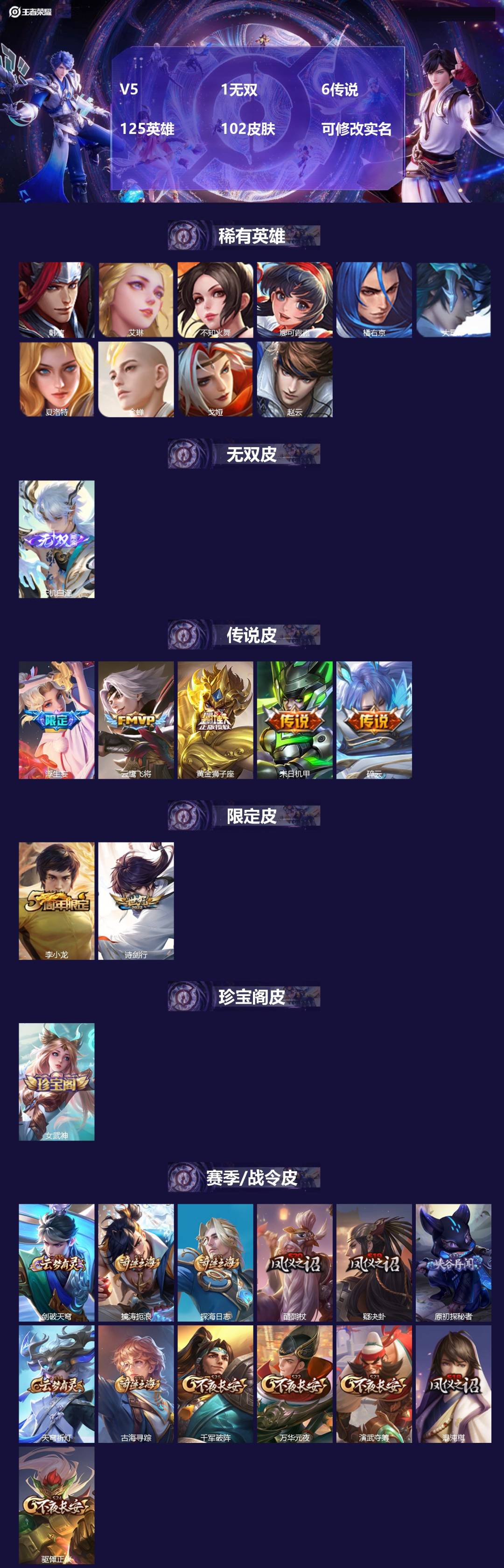 王者荣耀账号苹果QQ125英雄-102皮肤-V5 1无双 6传说 125英雄 102皮肤 可修改实名 
【英雄全皮】:夏