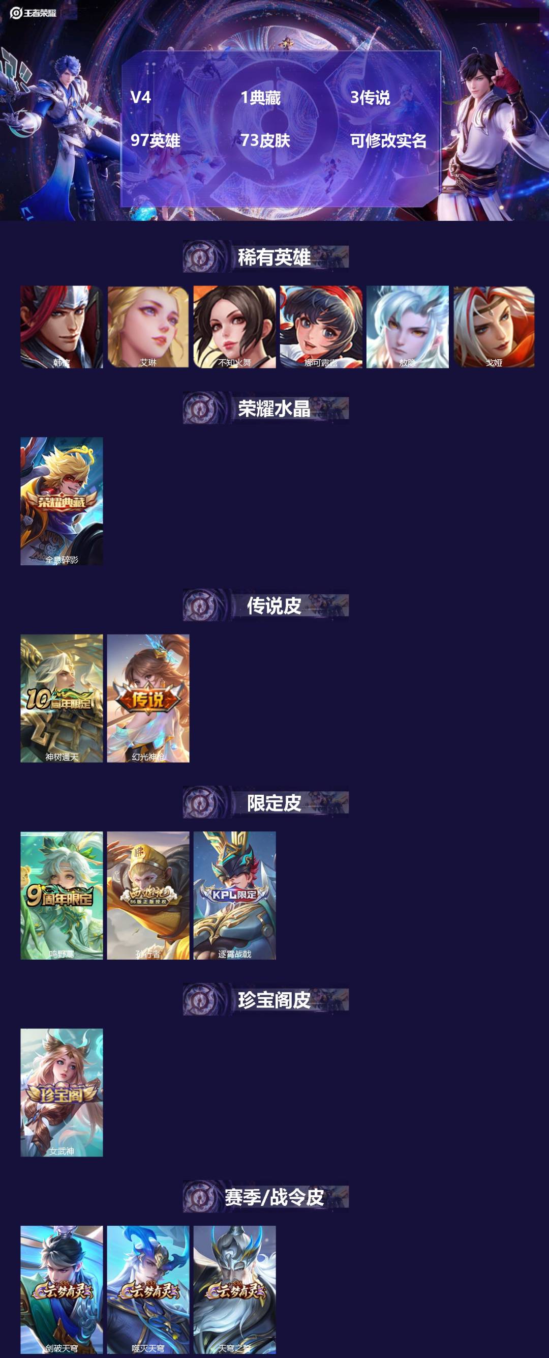 王者荣耀账号安卓QQ97英雄-73皮肤-V4 1典藏 3传说 97英雄 73皮肤 可修改实名 
【稀有英雄】:敖隐(小龙