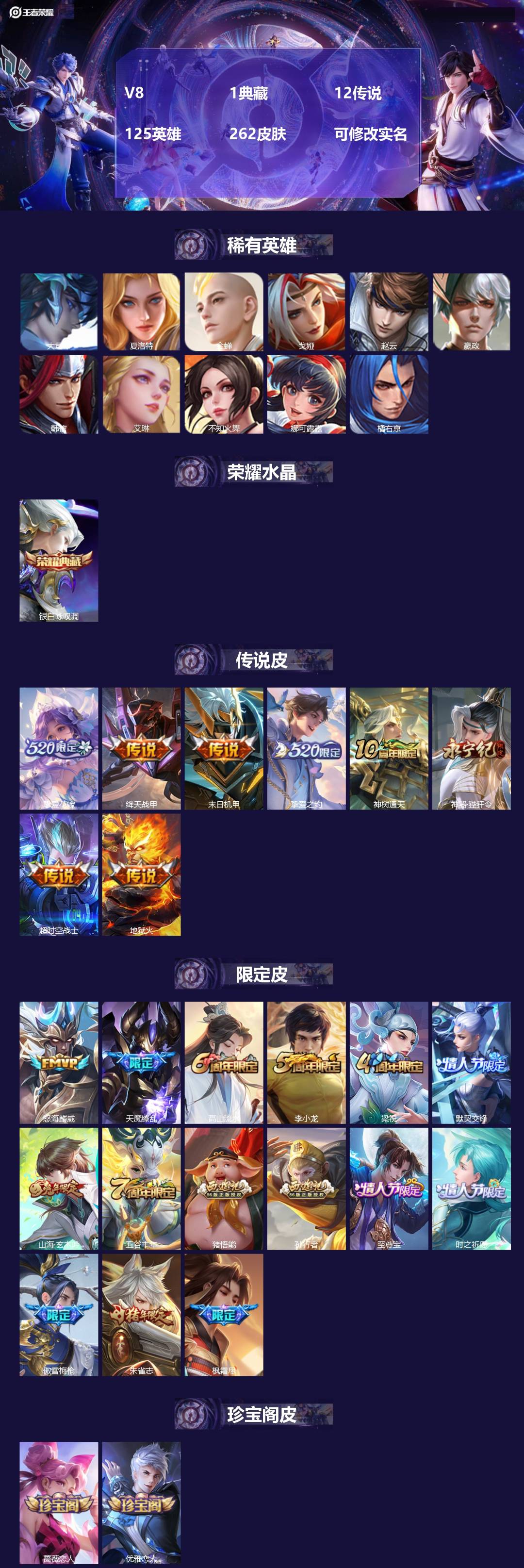 王者荣耀账号安卓QQ[13551613]V8 1典藏 12传说 125英雄 262皮肤 可修改实名 
【英雄全皮】:猪八