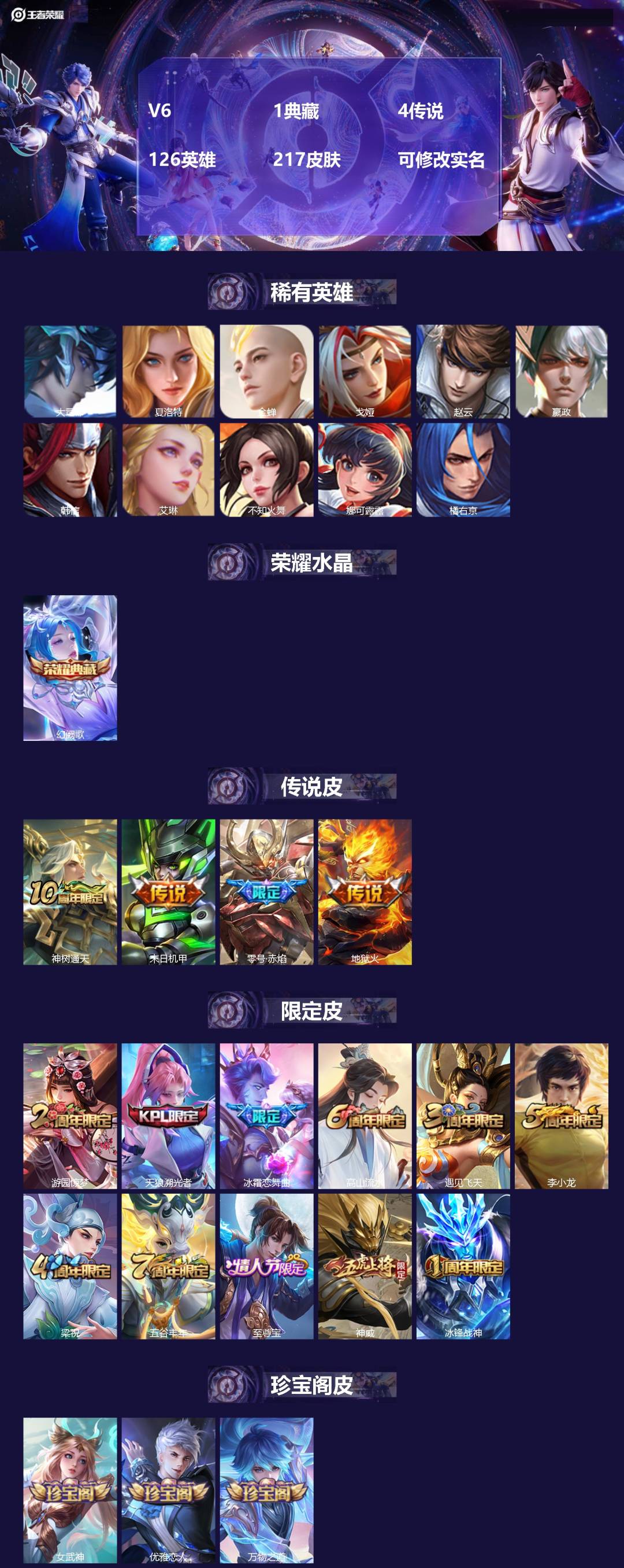 王者荣耀账号苹果QQ126英雄-217皮肤-V6 1典藏 4传说 126英雄 217皮肤 可修改实名 
【稀有英雄】:大