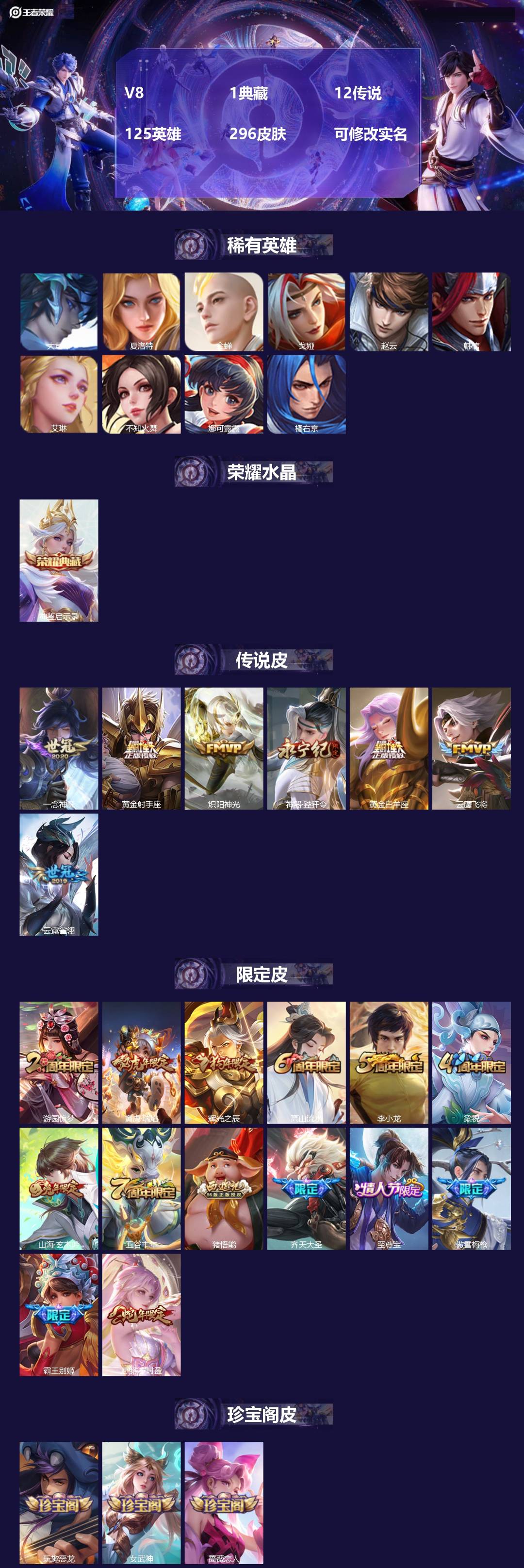 王者荣耀账号安卓QQ125英雄-296皮肤-V8 1典藏 12传说 125英雄 296皮肤 可修改实名 
【稀有英雄】: