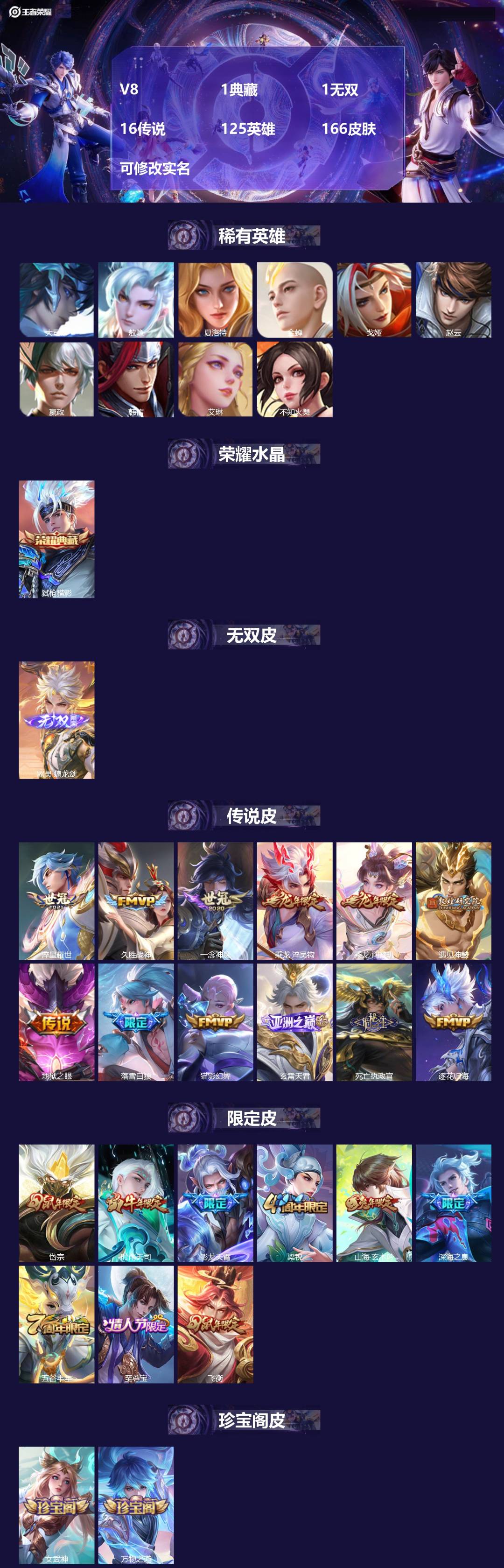 王者荣耀账号安卓QQ[13564168]V8 1典藏 1无双 16传说 125英雄 166皮肤 可修改实名 
【稀有英雄