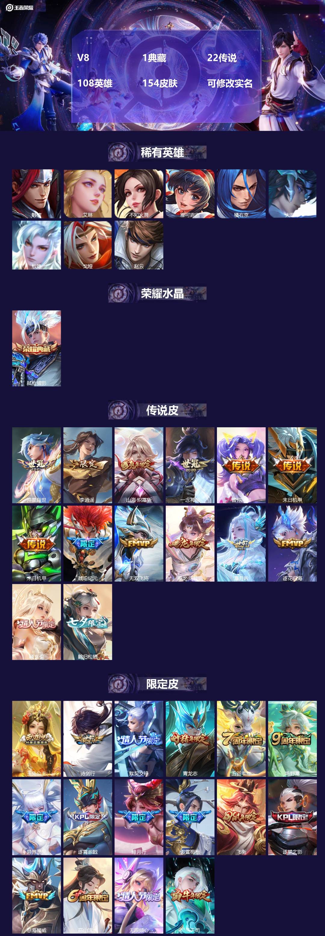 王者荣耀账号安卓QQ108英雄-154皮肤-V8 1典藏 22传说 108英雄 154皮肤 可修改实名 
【英雄全皮】: