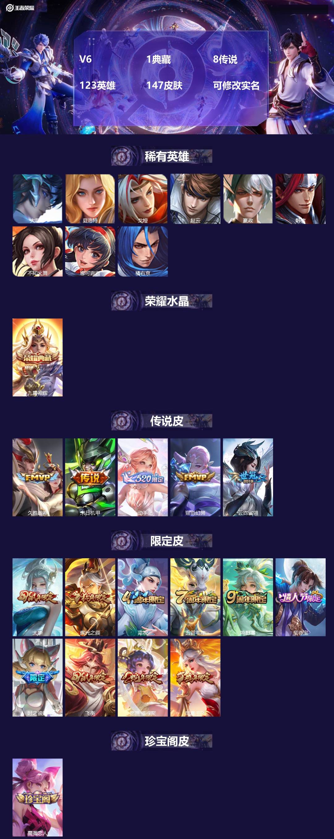 王者荣耀账号安卓QQ123英雄-147皮肤-V6 1典藏 8传说 123英雄 147皮肤 可修改实名 
【稀有英雄】:大