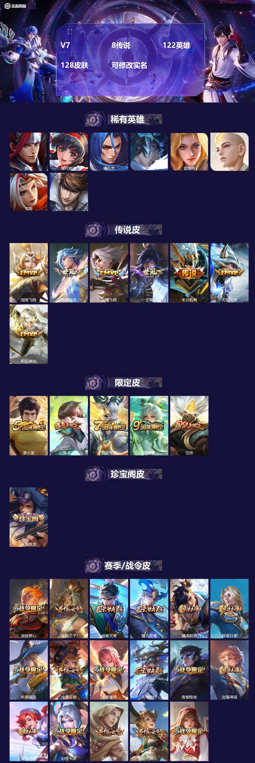 王者荣耀账号苹果QQ122英雄-128皮肤-V7 8传说 122英雄 128皮肤 可修改实名 
【英雄全皮】:影全皮
【