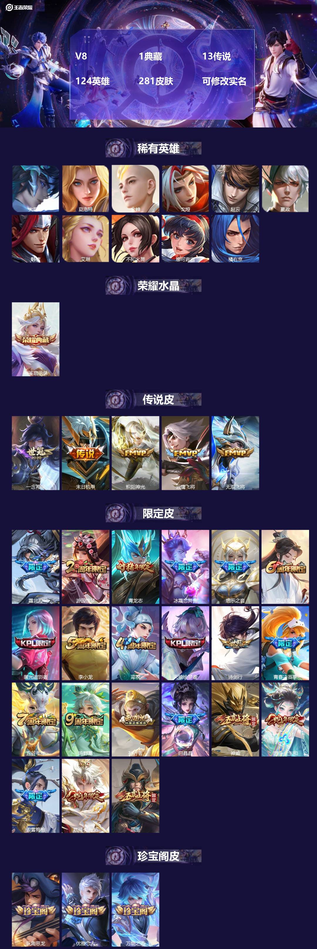 王者荣耀账号苹果QQ124英雄-281皮肤-V8 1典藏 13传说 124英雄 281皮肤 可修改实名 
【英雄全皮】: