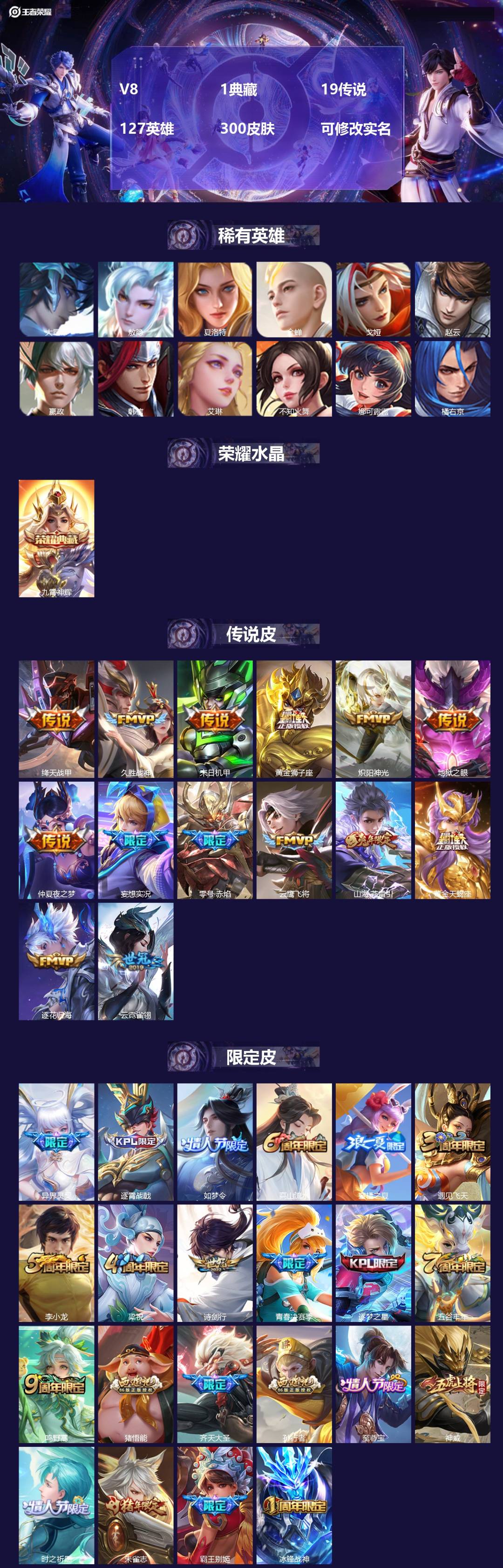 王者荣耀账号苹果QQ[13591881]V8 1典藏 19传说 127英雄 300皮肤 可修改实名 
【英雄全皮】:鬼谷