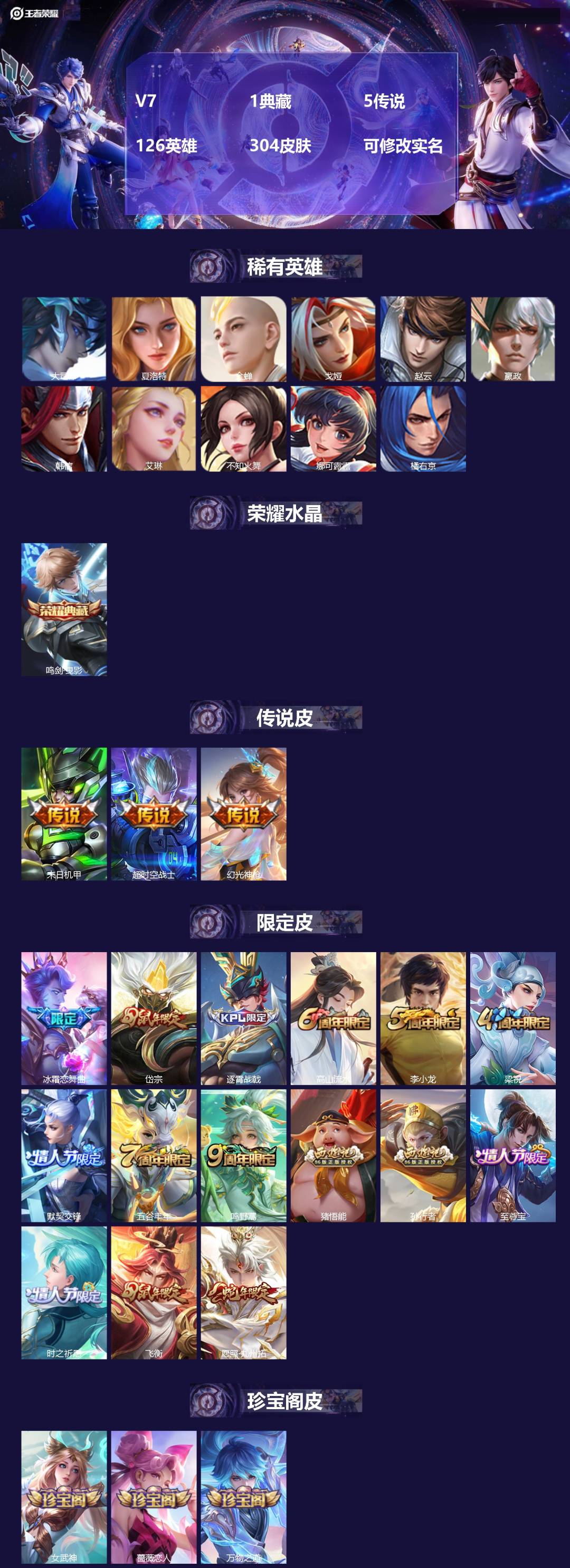 王者荣耀账号安卓QQ126英雄-304皮肤-V7 1典藏 5传说 126英雄 304皮肤 可修改实名 
【英雄全皮】:刘