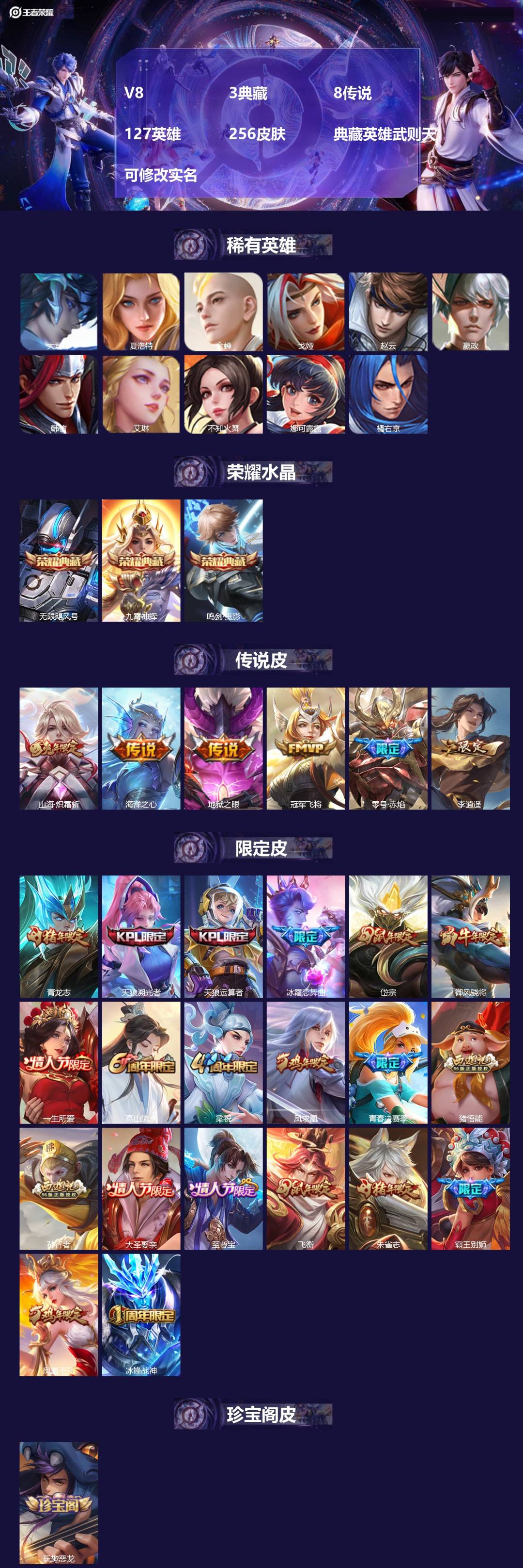 王者荣耀账号安卓QQ[13597506]V8 3典藏 8传说 127英雄 256皮肤 典藏英雄武则天 可修改实名 
【稀