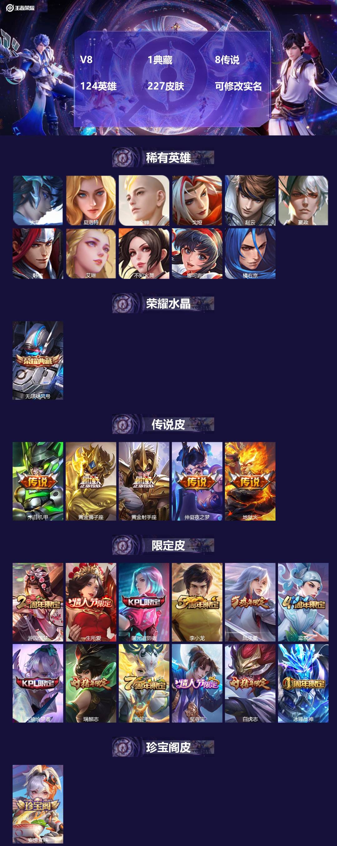 王者荣耀账号安卓QQ124英雄-227皮肤-V8 1典藏 8传说 124英雄 227皮肤 可修改实名 
【稀有英雄】:大