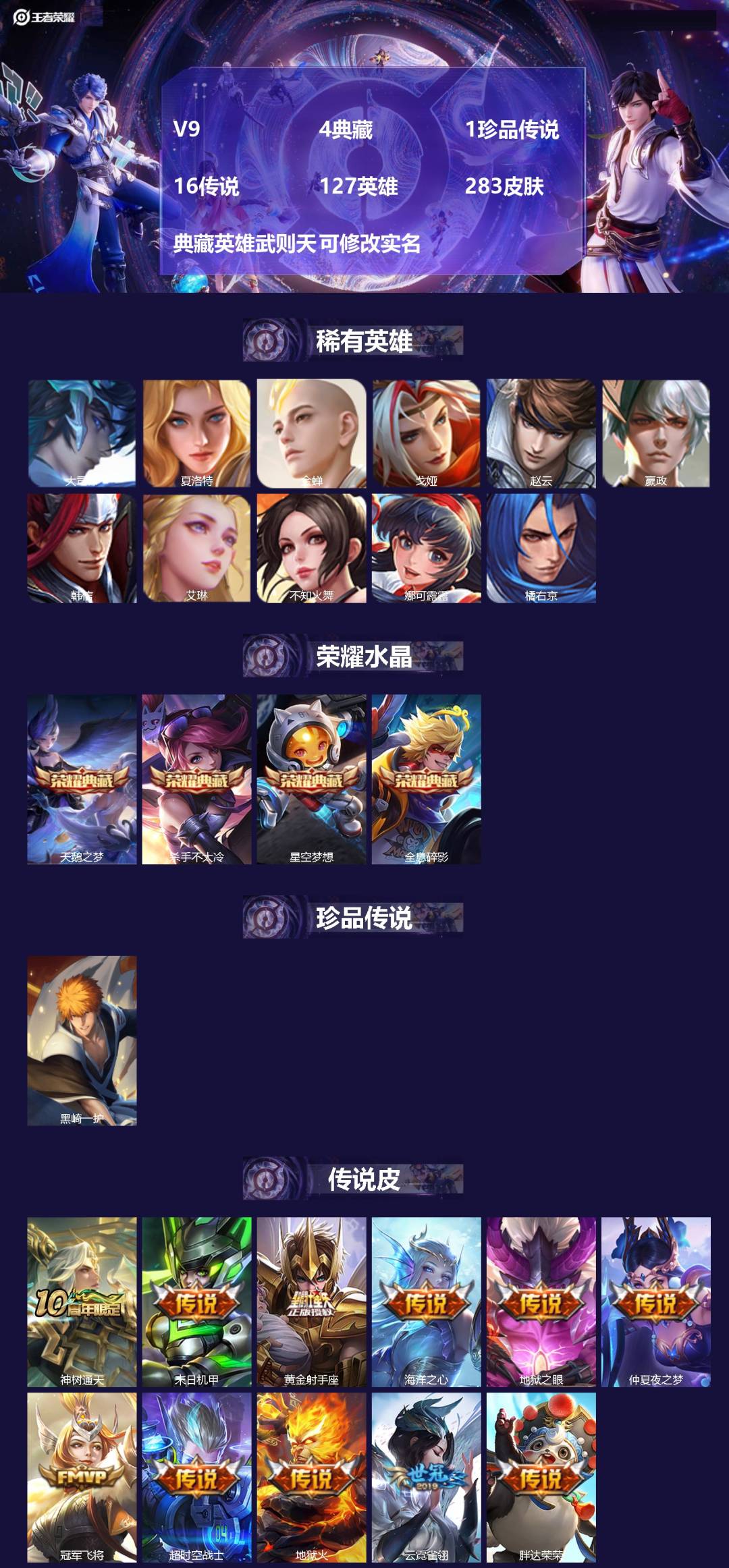 王者荣耀账号安卓QQ[13608478]V9 4典藏 1珍品传说 16传说 127英雄 283皮肤 典藏英雄武则天 可修