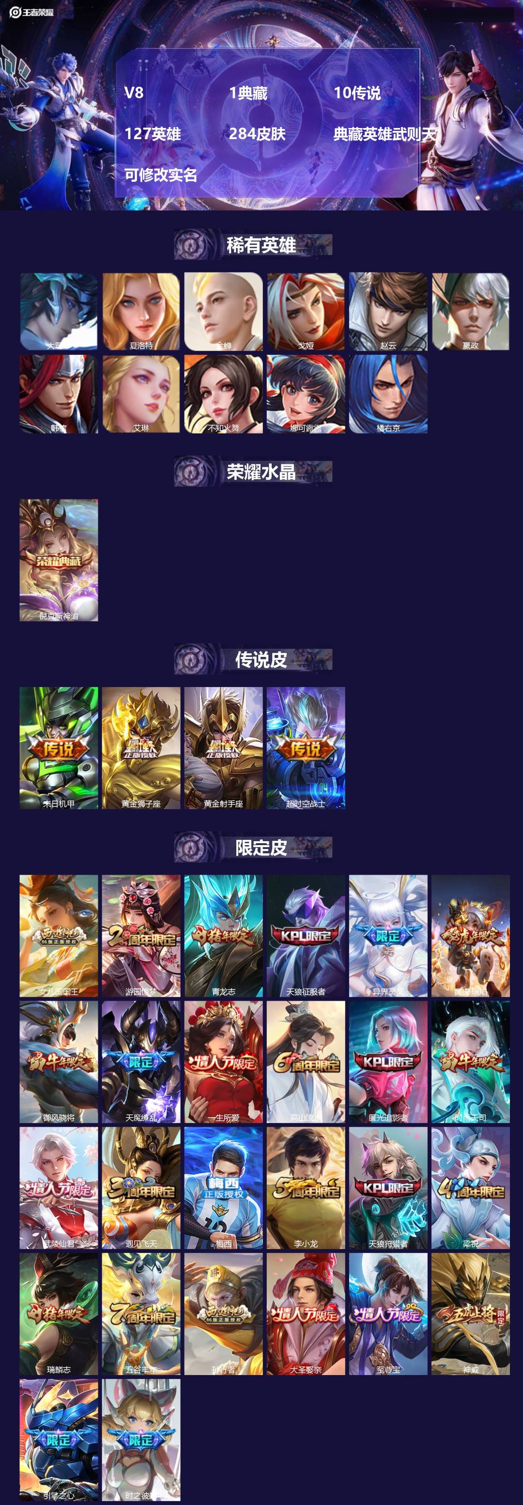 王者荣耀账号安卓QQ[13608563]V8 1典藏 10传说 127英雄 284皮肤 典藏英雄武则天 可修改实名 
【