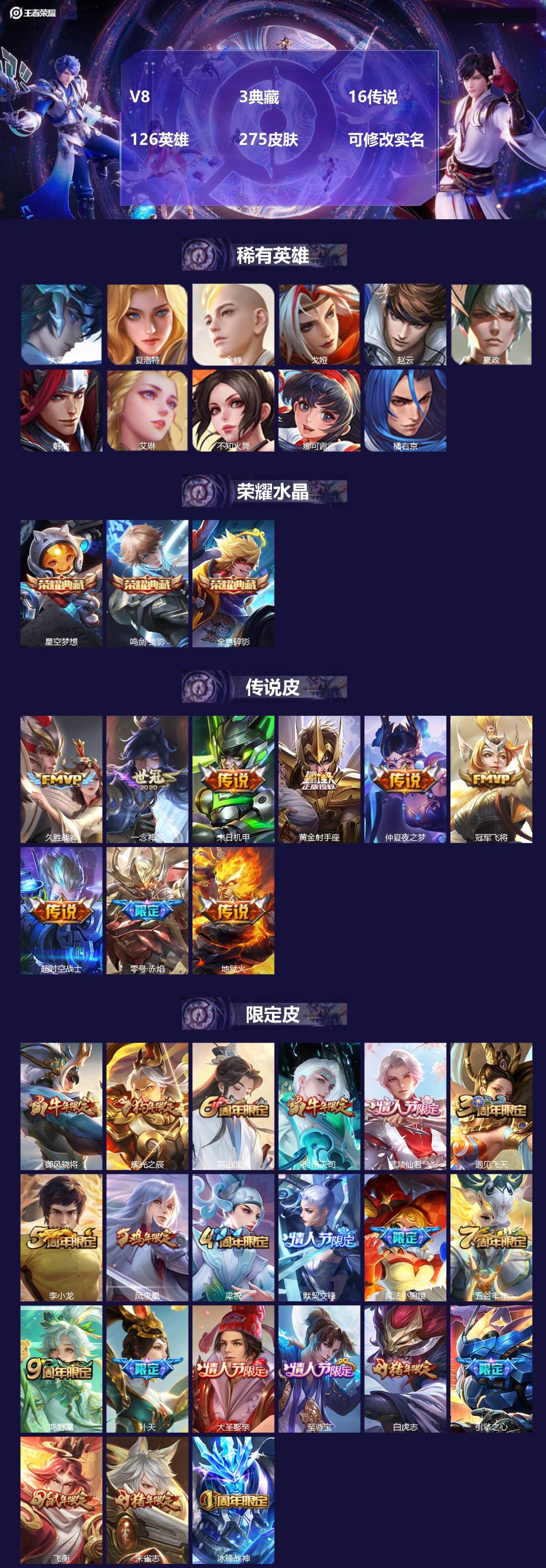 王者荣耀账号苹果QQ[13618240]V8 3典藏 16传说 126英雄 275皮肤 可修改实名 
【稀有英雄】:大司