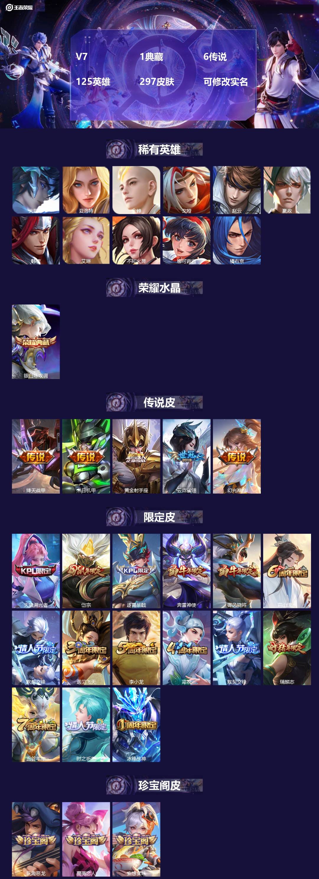 王者荣耀账号安卓QQ[13623511]V7 1典藏 6传说 125英雄 297皮肤 可修改实名 
【英雄全皮】:影全皮