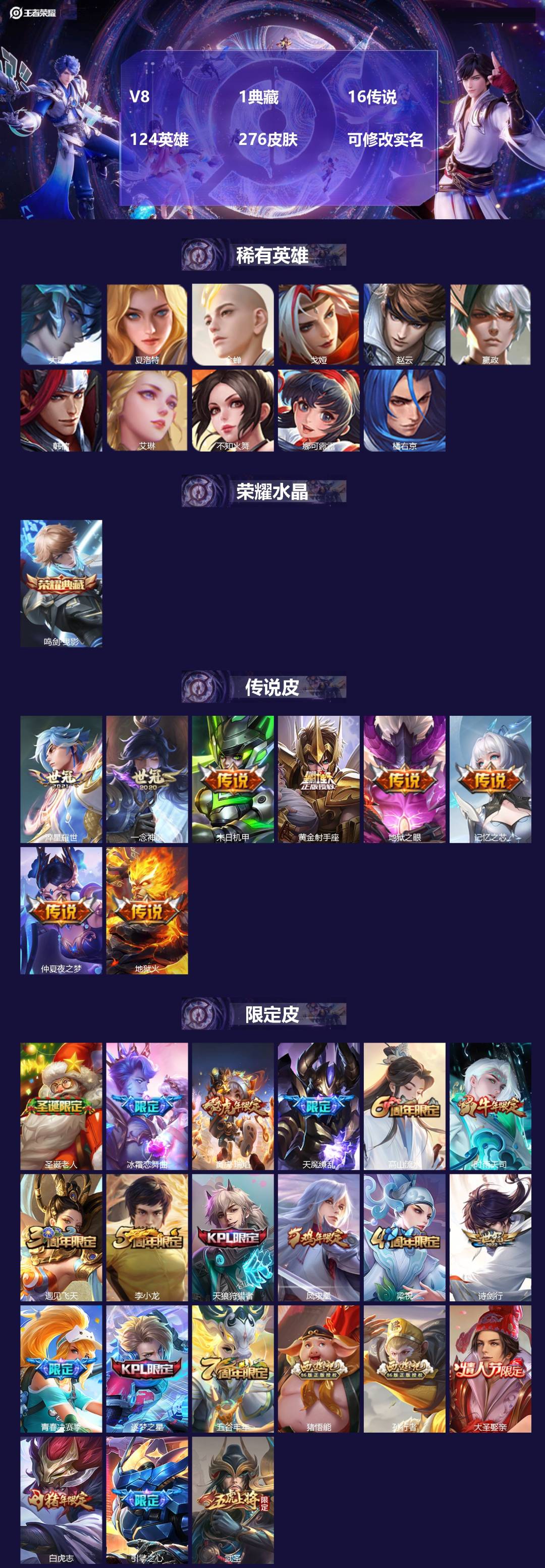 王者荣耀账号苹果QQ[13644091]V8 1典藏 16传说 124英雄 276皮肤 可修改实名 
【英雄全皮】:猪八