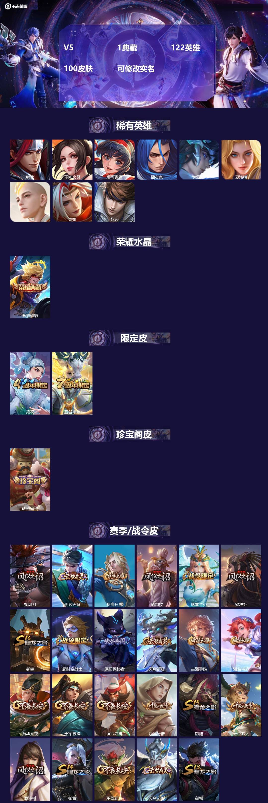 王者荣耀账号安卓QQ122英雄-100皮肤-V5 1典藏 122英雄 100皮肤 可修改实名 
【稀有英雄】:大司命,韩