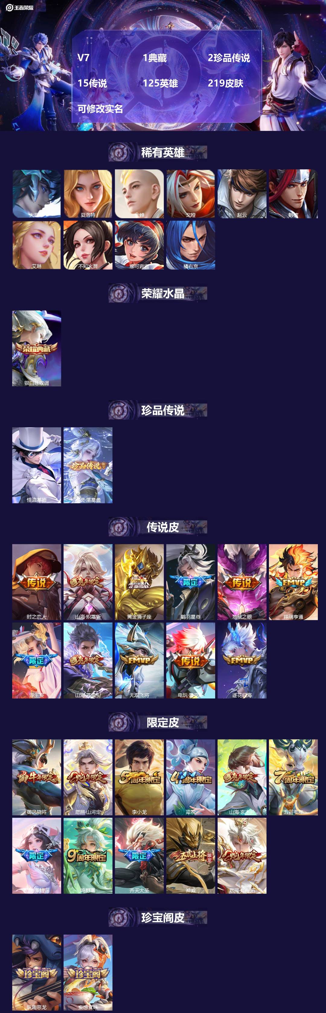 王者荣耀账号苹果VX[13654445]V7 1典藏 2珍品传说 15传说 125英雄 219皮肤 可修改实名 
【英雄