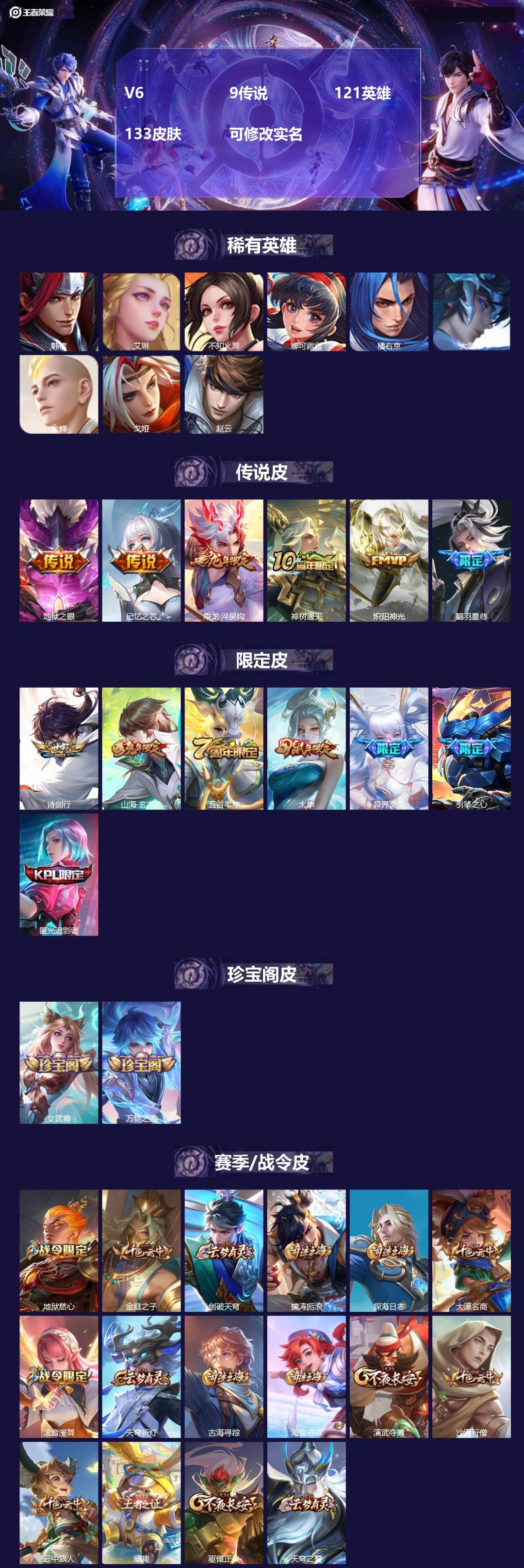 王者荣耀账号安卓QQ121英雄-133皮肤-V6 9传说 121英雄 133皮肤 可修改实名 
【稀有英雄】:大司命,韩