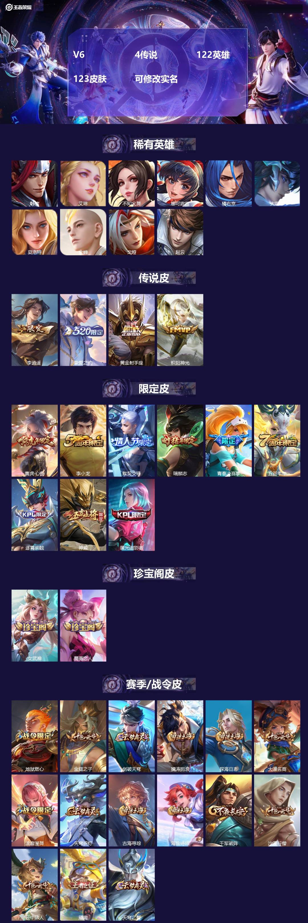 王者荣耀账号安卓QQ122英雄-123皮肤-V6 4传说 122英雄 123皮肤 可修改实名 
【稀有英雄】:大司命,韩