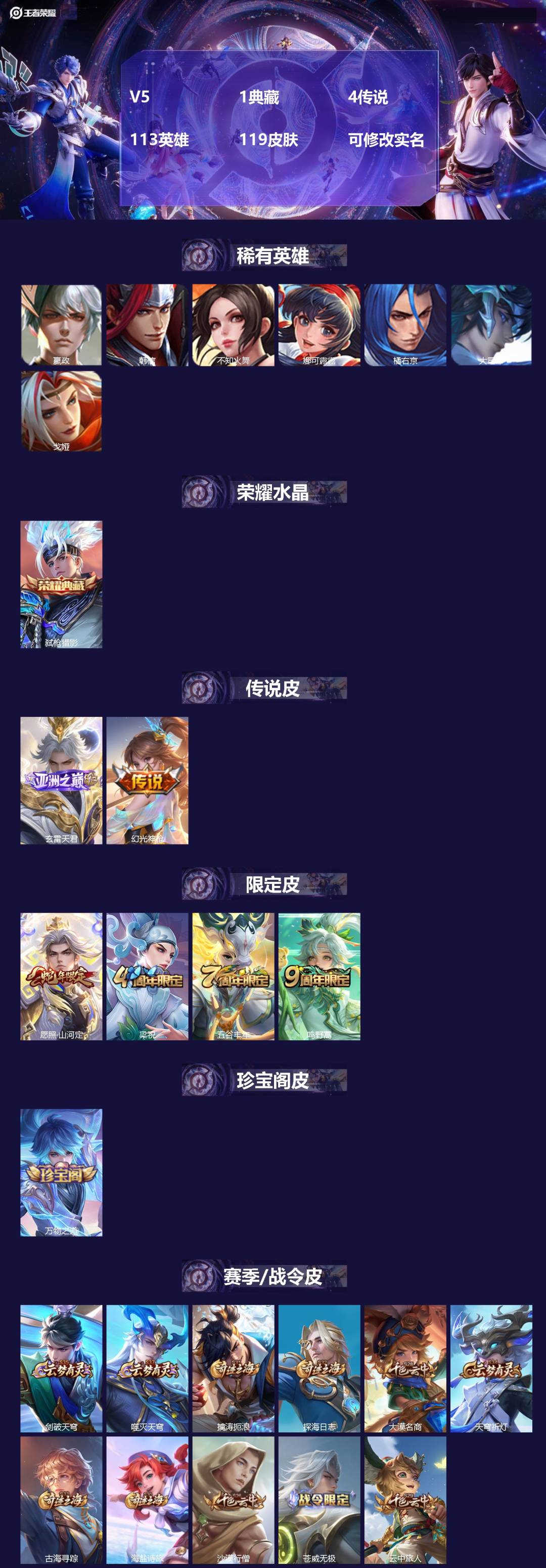 王者荣耀账号安卓QQ113英雄-119皮肤-V5 1典藏 4传说 113英雄 119皮肤 可修改实名 
【英雄全皮】:影