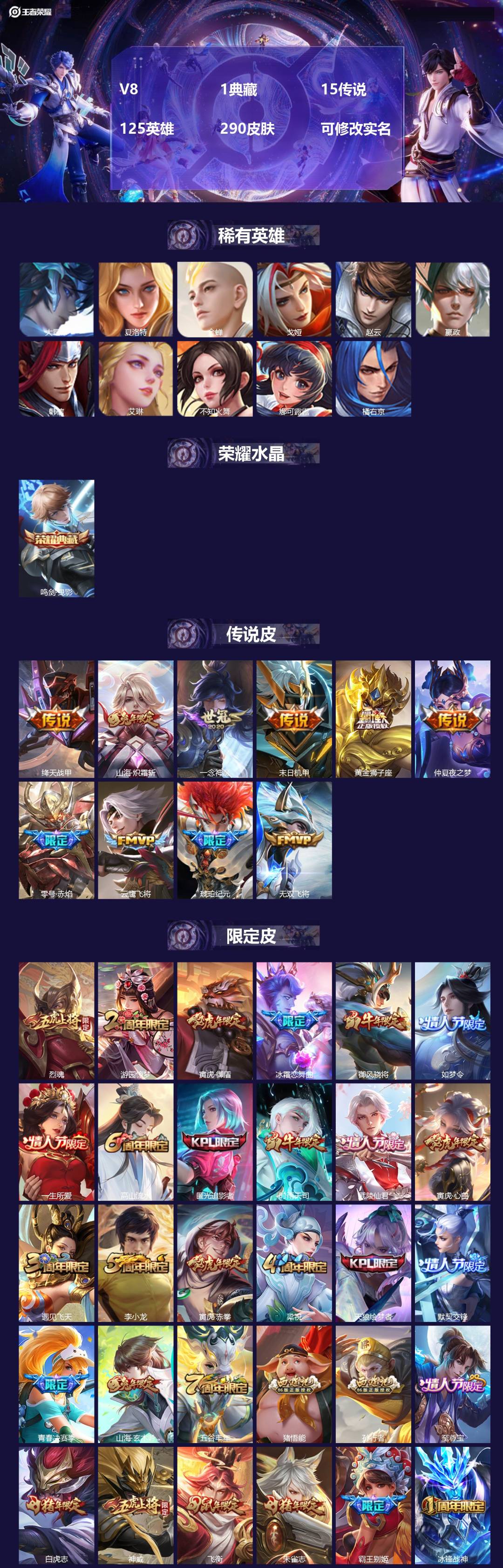 王者荣耀账号苹果QQ[13673356]V8 1典藏 15传说 125英雄 290皮肤 可修改实名 
【英雄全皮】:李信