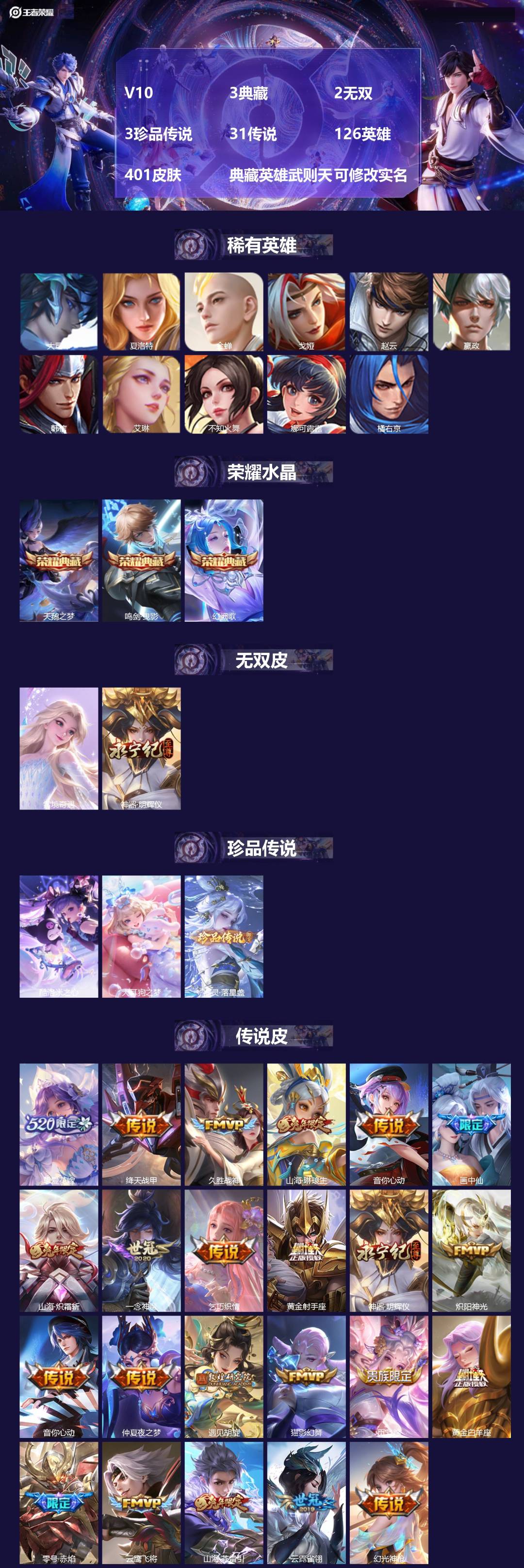 王者荣耀账号苹果QQ[13673393]V10 3典藏 2无双 3珍品传说 31传说 126英雄 401皮肤 典藏英雄武