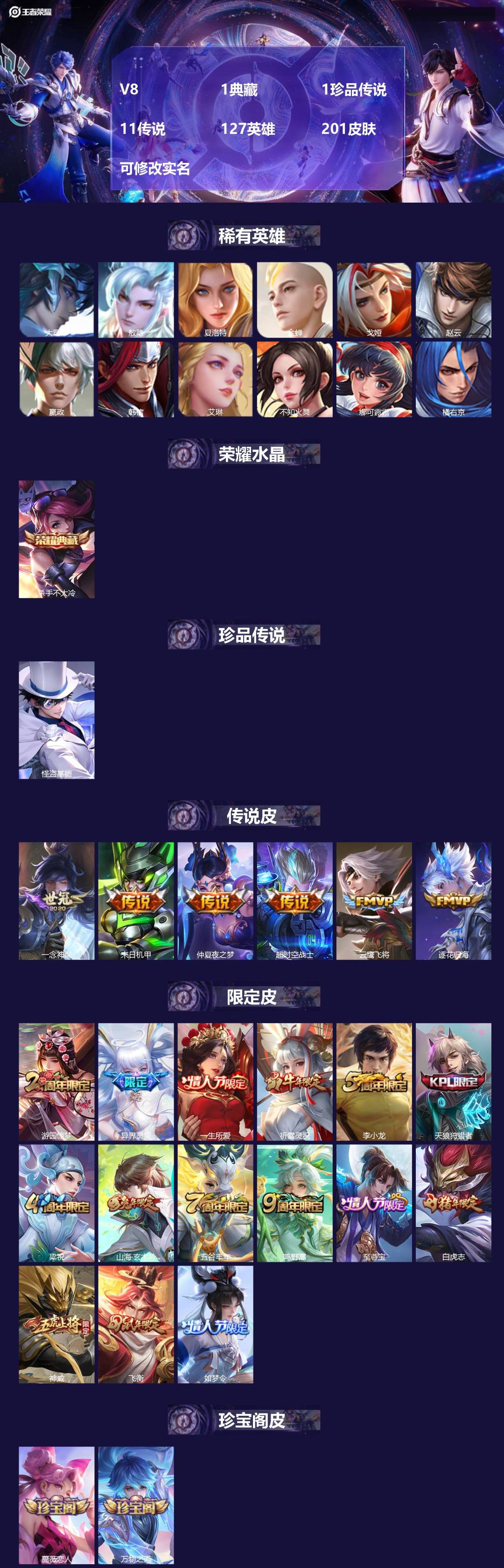 王者荣耀账号苹果QQ[13673638]V8 1典藏 1珍品传说 11传说 127英雄 201皮肤 可修改实名 
【英雄