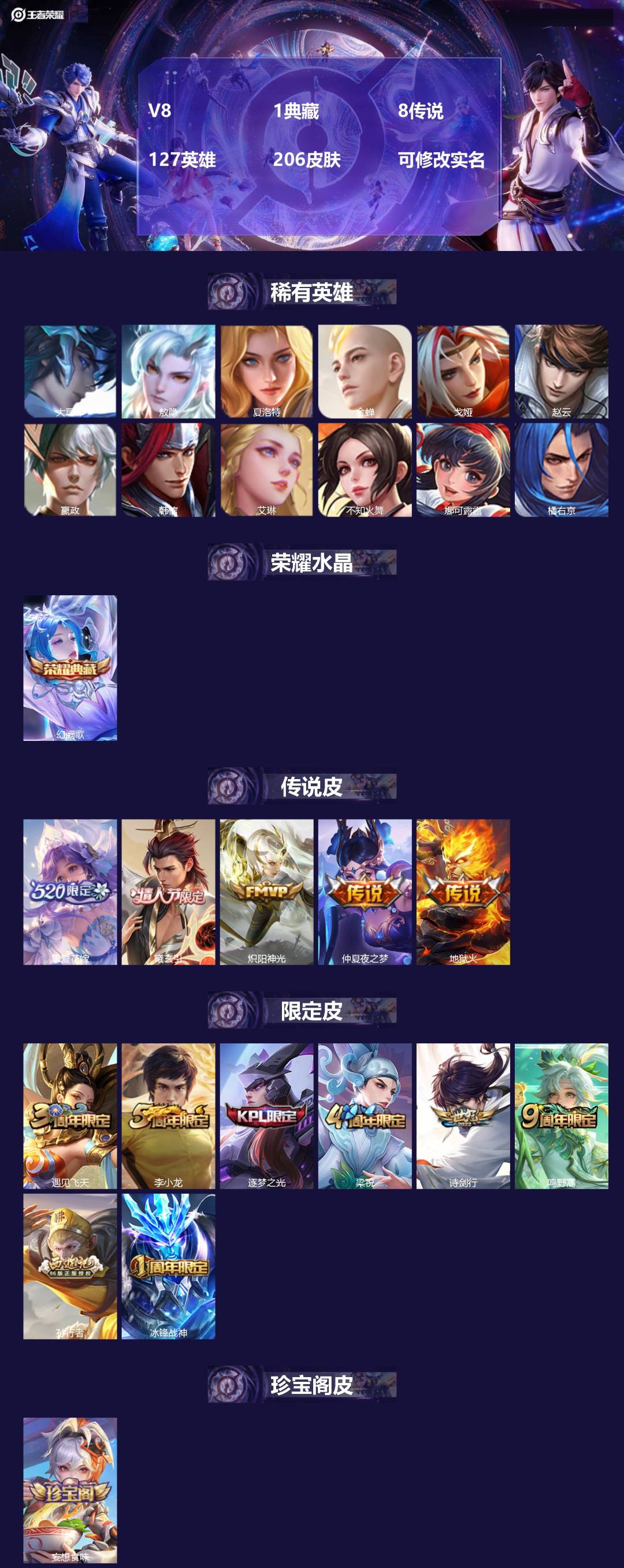 王者荣耀账号安卓QQ[13673689]V8 1典藏 8传说 127英雄 206皮肤 可修改实名 
【稀有英雄】:敖隐(