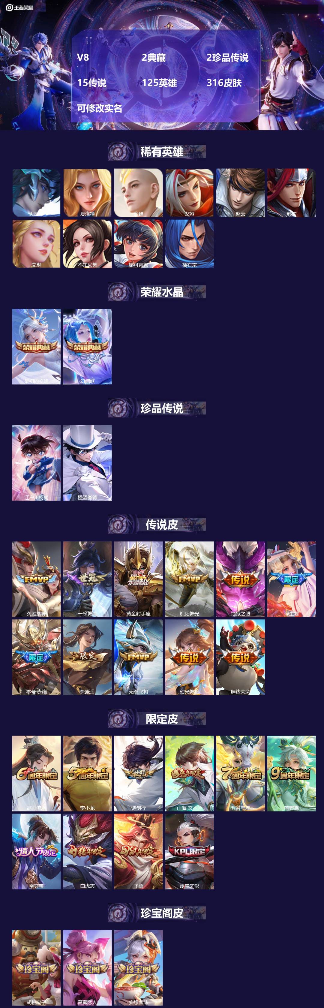 王者荣耀账号苹果QQ[13673704]V8 2典藏 2珍品传说 15传说 125英雄 316皮肤 可修改实名 
【英雄