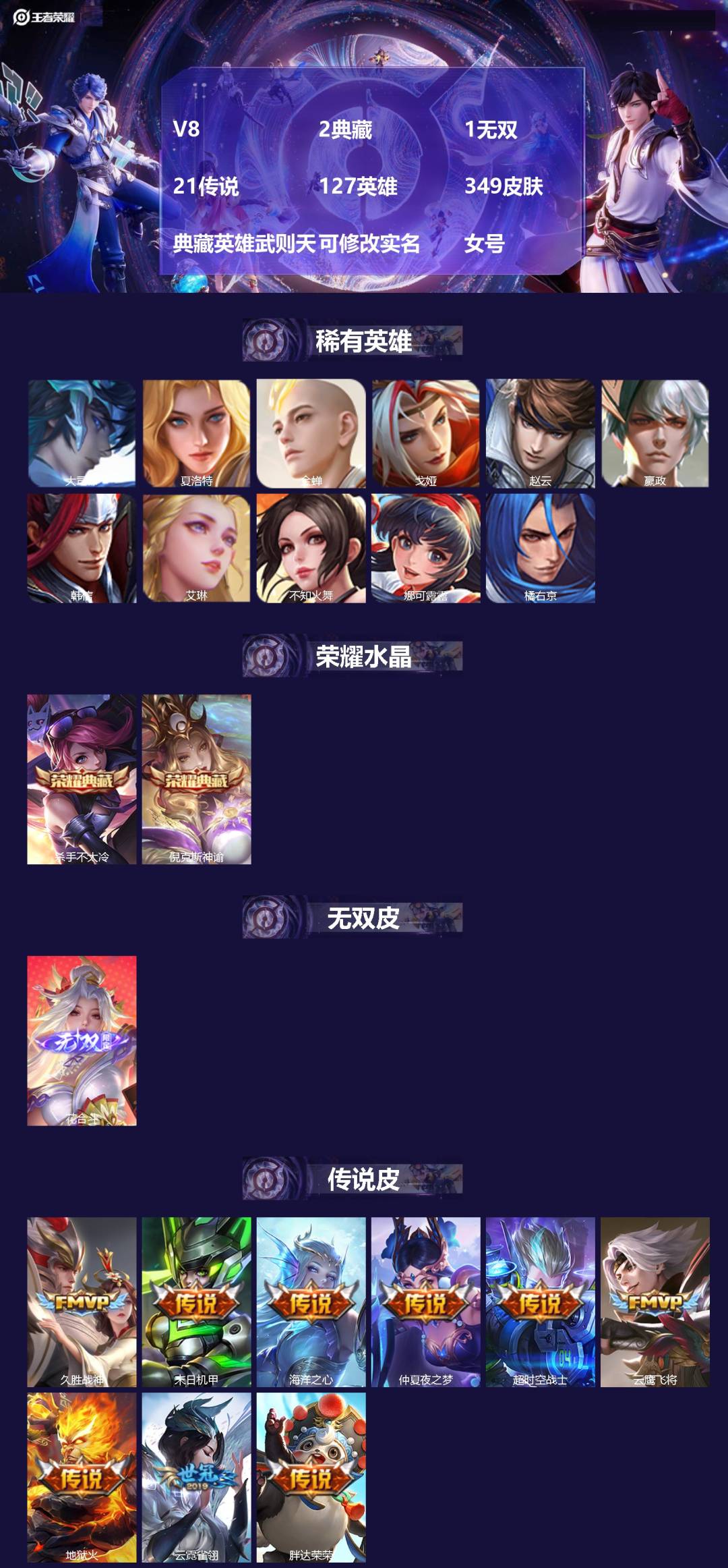 王者荣耀账号安卓QQ[13674228]V8 2典藏 1无双 21传说 127英雄 349皮肤 典藏英雄武则天 可修改实