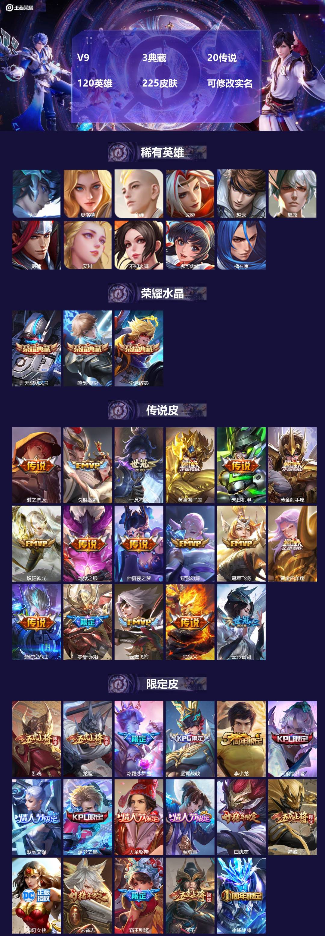 王者荣耀账号苹果QQ[13691685]V9 3典藏 20传说 120英雄 225皮肤 可修改实名 
【稀有英雄】:大司