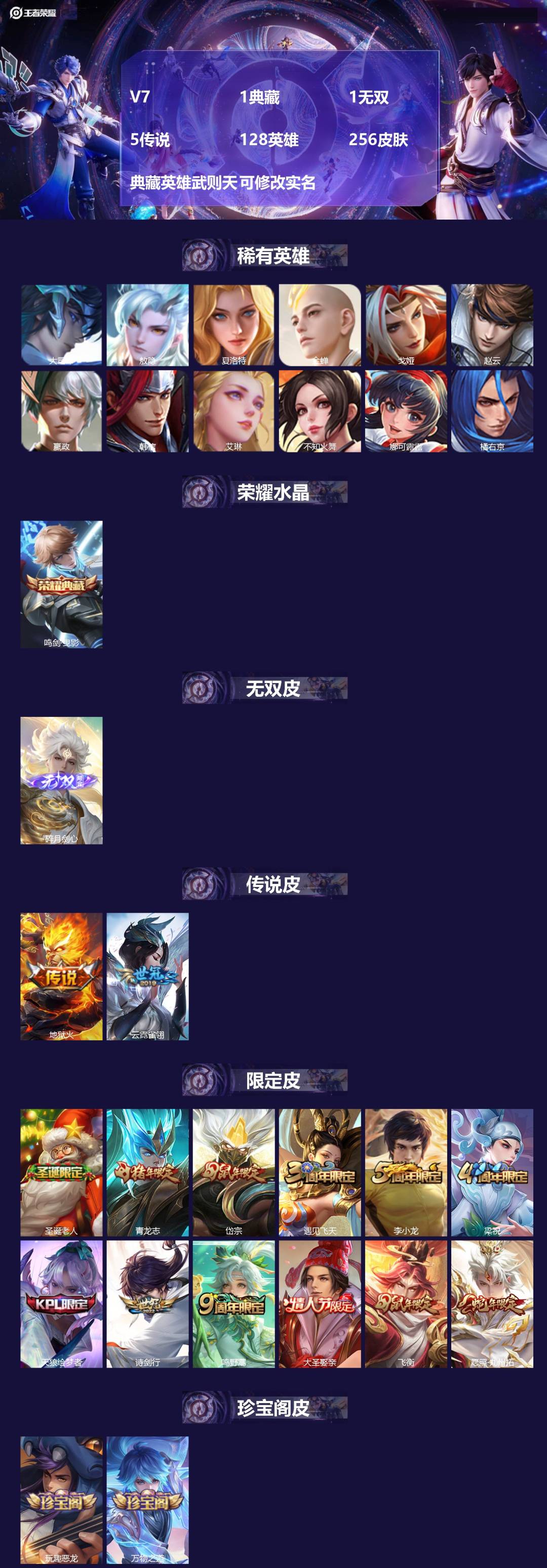 王者荣耀账号安卓QQ[13698537]V7 1典藏 1无双 5传说 128英雄 256皮肤 典藏英雄武则天 可修改实名