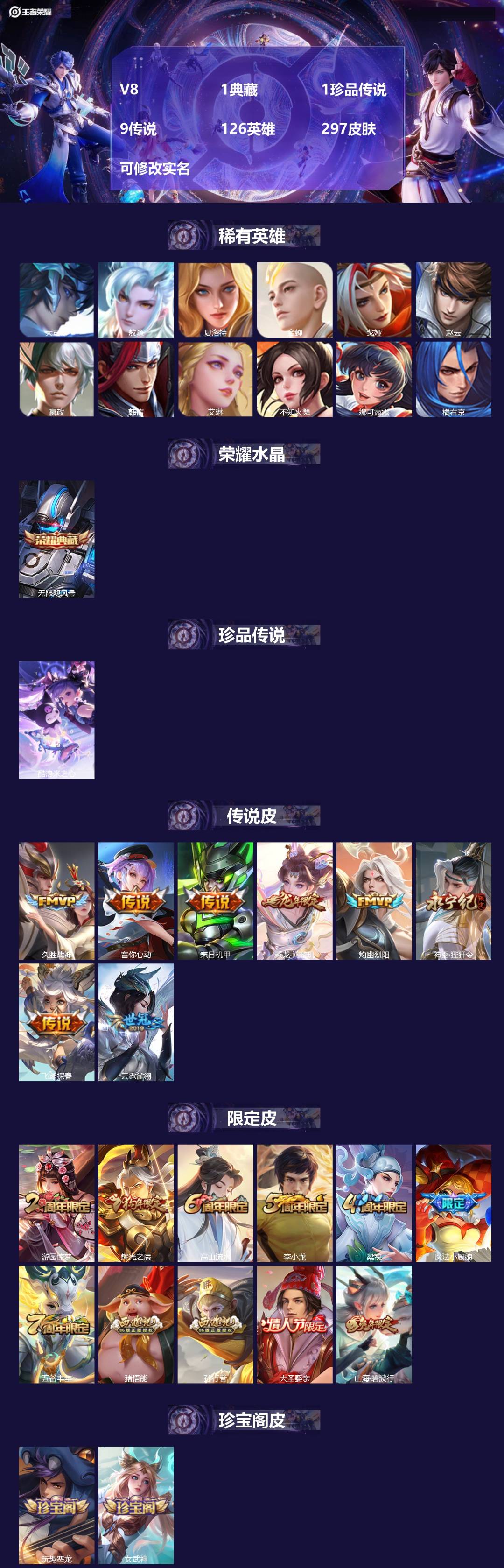 王者荣耀账号苹果QQ[13700489]V8 1典藏 1珍品传说 9传说 126英雄 297皮肤 可修改实名 
【英雄全