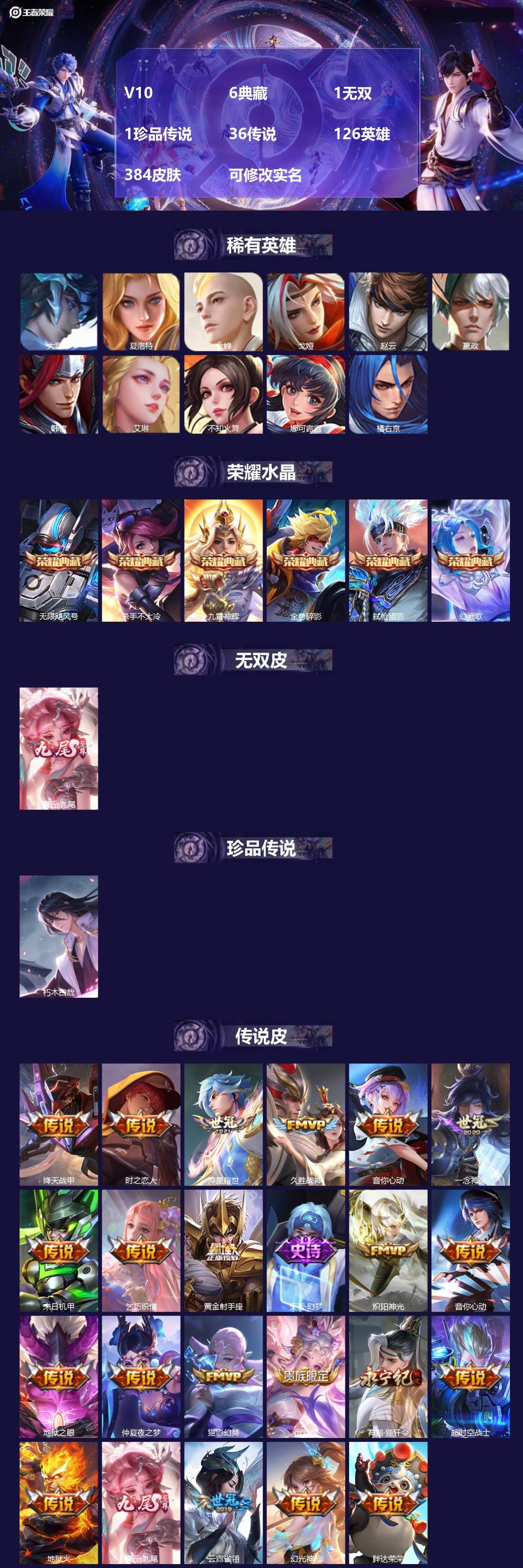 王者荣耀账号安卓QQ[13701482]V10 6典藏 1无双 1珍品传说 36传说 126英雄 384皮肤 可修改实名