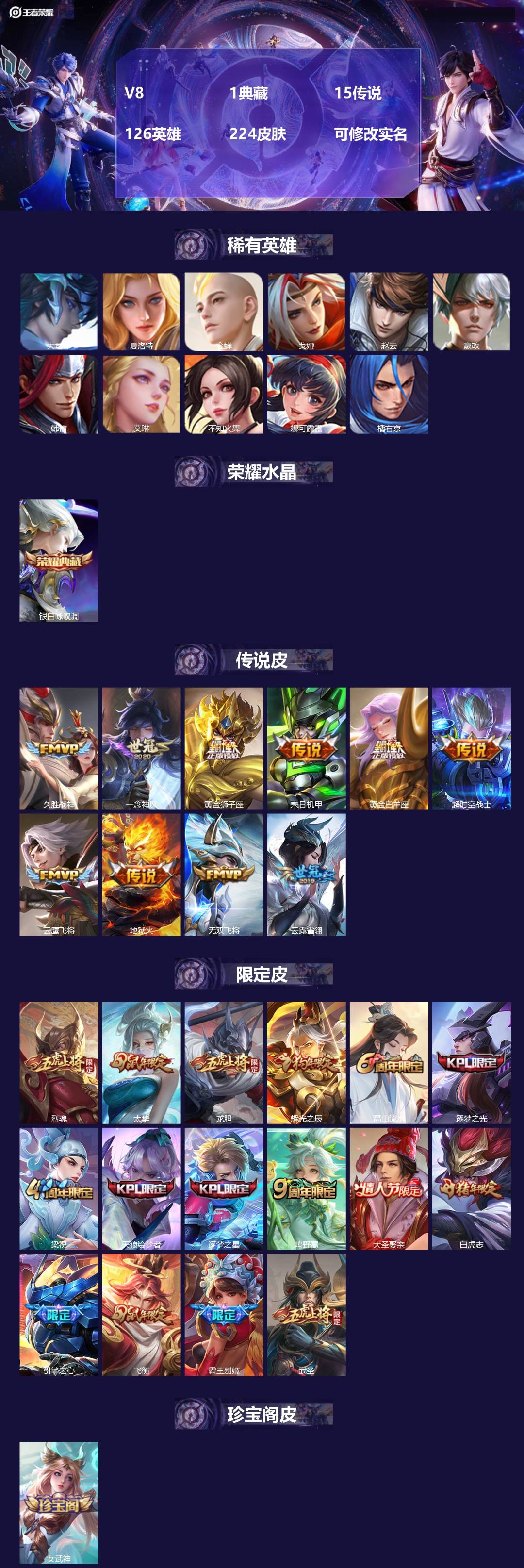 王者荣耀账号苹果QQ[13704449]V8 1典藏 15传说 126英雄 224皮肤 可修改实名 
【稀有英雄】:大司