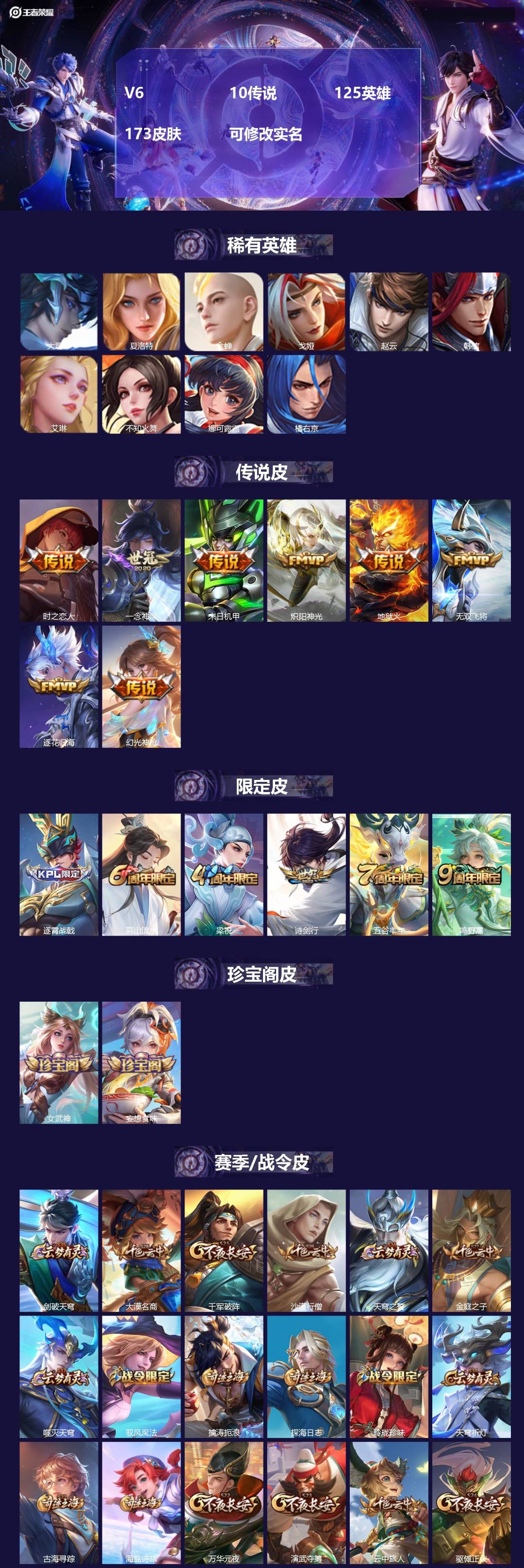 王者荣耀账号安卓QQ[13722719]V6 10传说 125英雄 173皮肤 可修改实名 
【英雄全皮】:影全皮
【稀