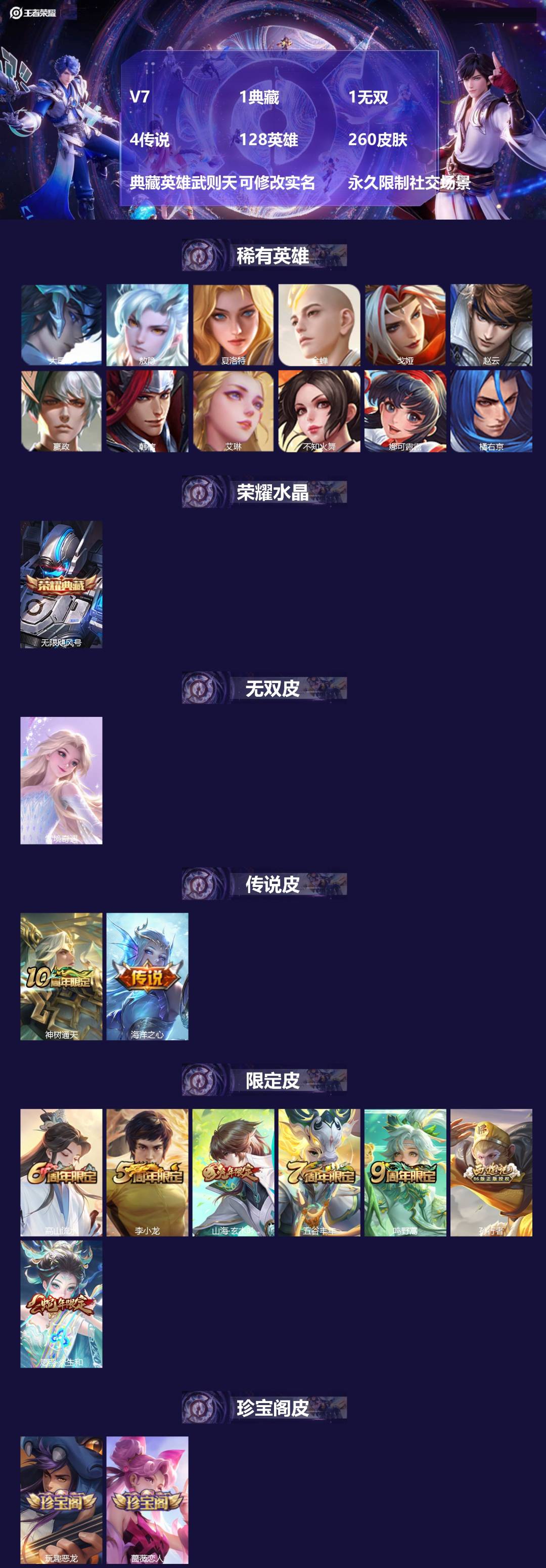 王者荣耀账号安卓VXV7 1典藏 1无双 4传说 128英雄 260皮肤 典藏英雄武则天 可修改实名 永久限制社交场景
