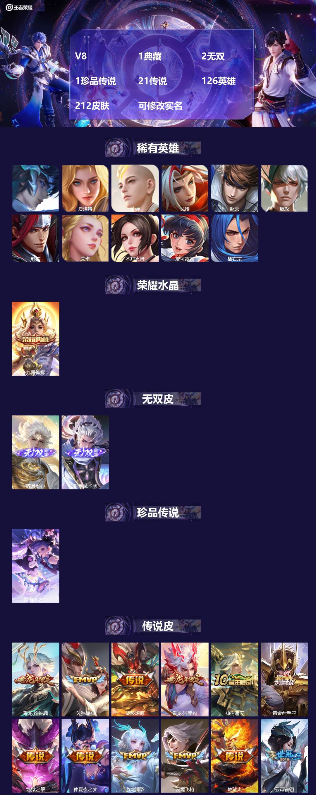 王者荣耀账号安卓QQ[13732882]V8 1典藏 2无双 1珍品传说 21传说 126英雄 212皮肤 可修改实名 